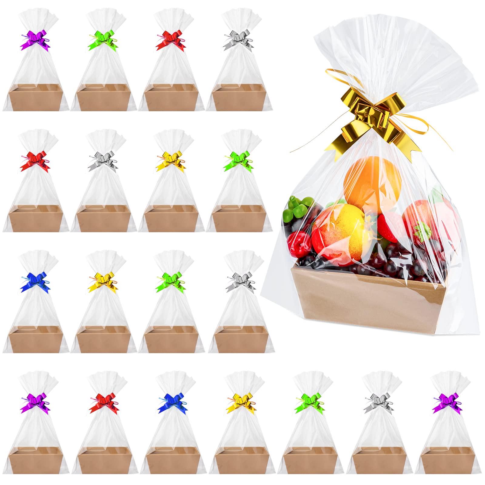 74-Piece Gift Basket Set with Handles - 20 Empty Gift Baskets, 30 Plastic Bags & 24 Multicolor Bows for Christmas, Thanksgiving, Wedding, Birthday Party Favors - Perfect for Holiday Gifting, Corporate Events & Home Decor (Brown)