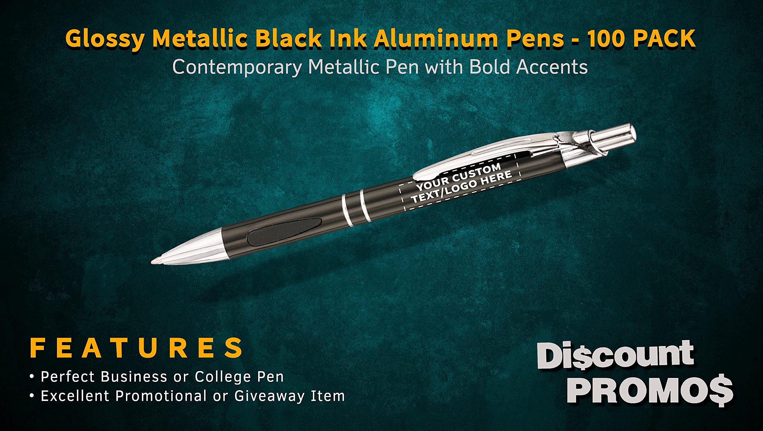 100 Pack Black Ink Metal Pens with Custom Text & Logo - Retractable Ballpoint Pens with Silver Accents - Premium Office & Business Writing Pens for Corporate Gifts, Promotions & Everyday Use