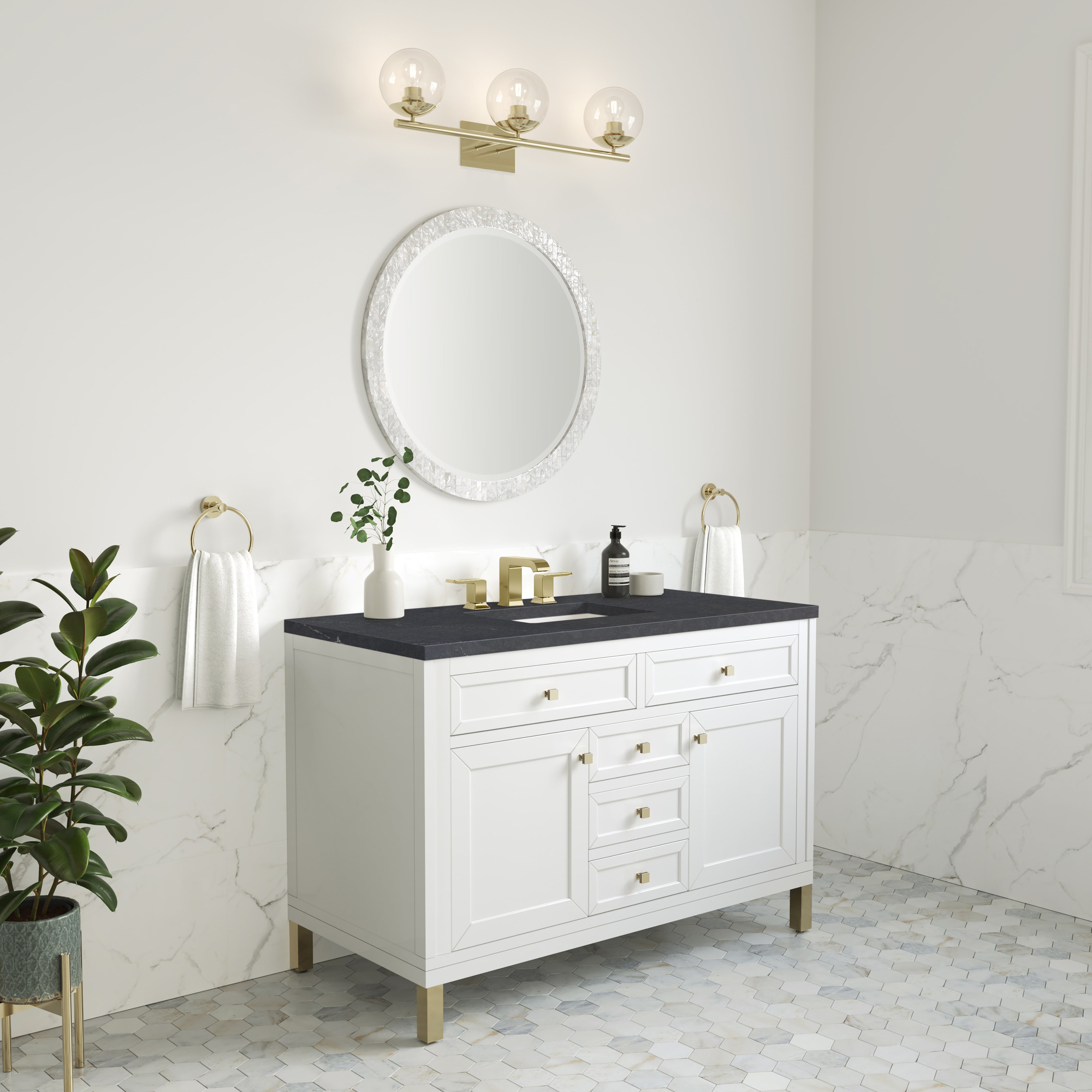 Chicago 48 Inch Single Bathroom Vanity with Glossy White Finish & 3CM Charcoal Soapstone Top - Perfect for Modern Master Bathrooms and Powder Rooms