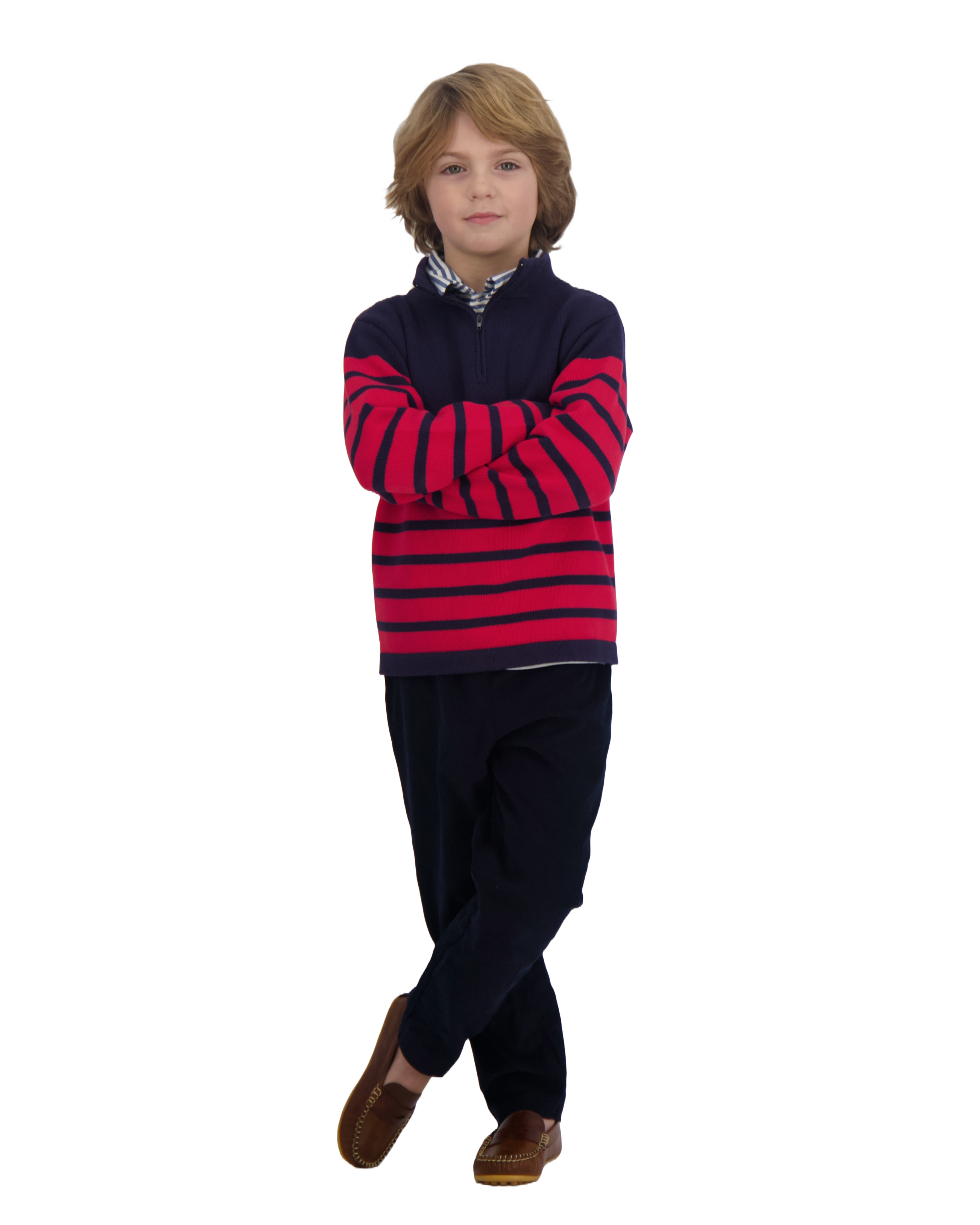 Boys Cotton Zip-Up Sweater - Navy & Red Striped Pullover for Kids | Casual Wear, School Outfits, and Outdoor Activities