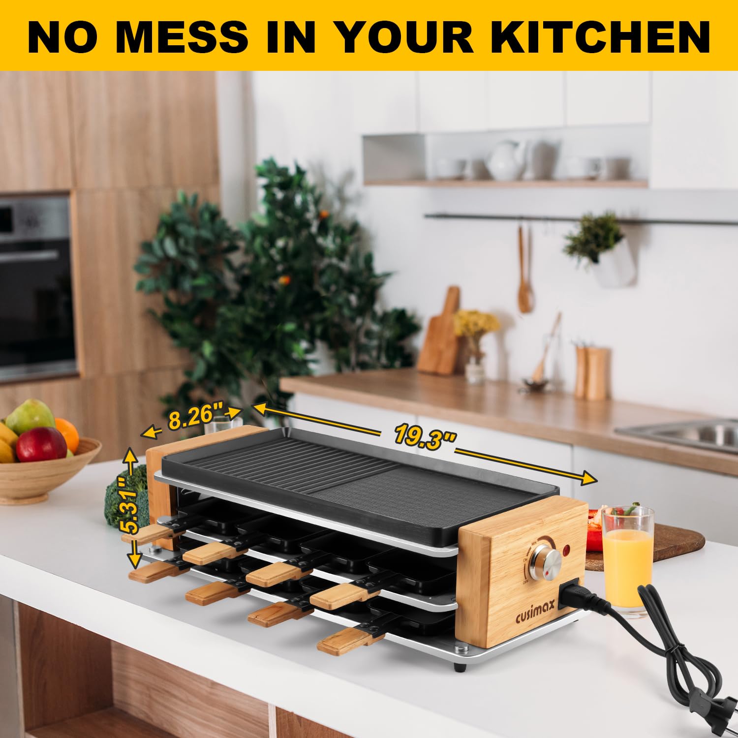 CUSIMAX Electric Indoor Raclette Grill & Korean BBQ - 2-in-1 Nonstick Grill Plate with 8 Cheese Pans, Wooden Spatulas & Base - Perfect for Family Gatherings, Dinner Parties & Holiday Entertaining