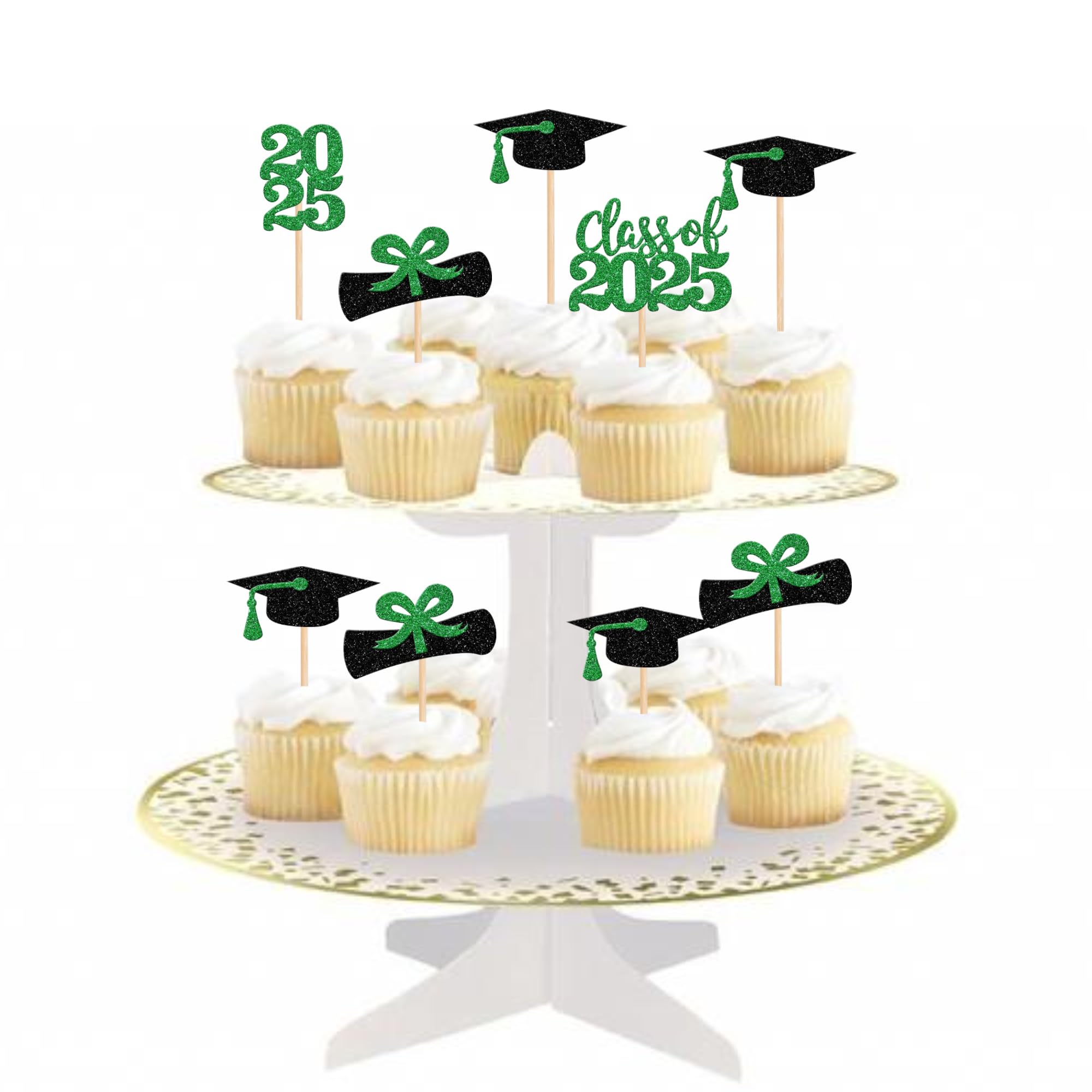 36 PCS 2025 Graduation Cupcake Toppers - Glitter Class of 2025 Caps & Diplomas Cake Decorations - Green Graduation Party Supplies for High School & College Celebrations, Birthday Cakes, Dessert Decor
