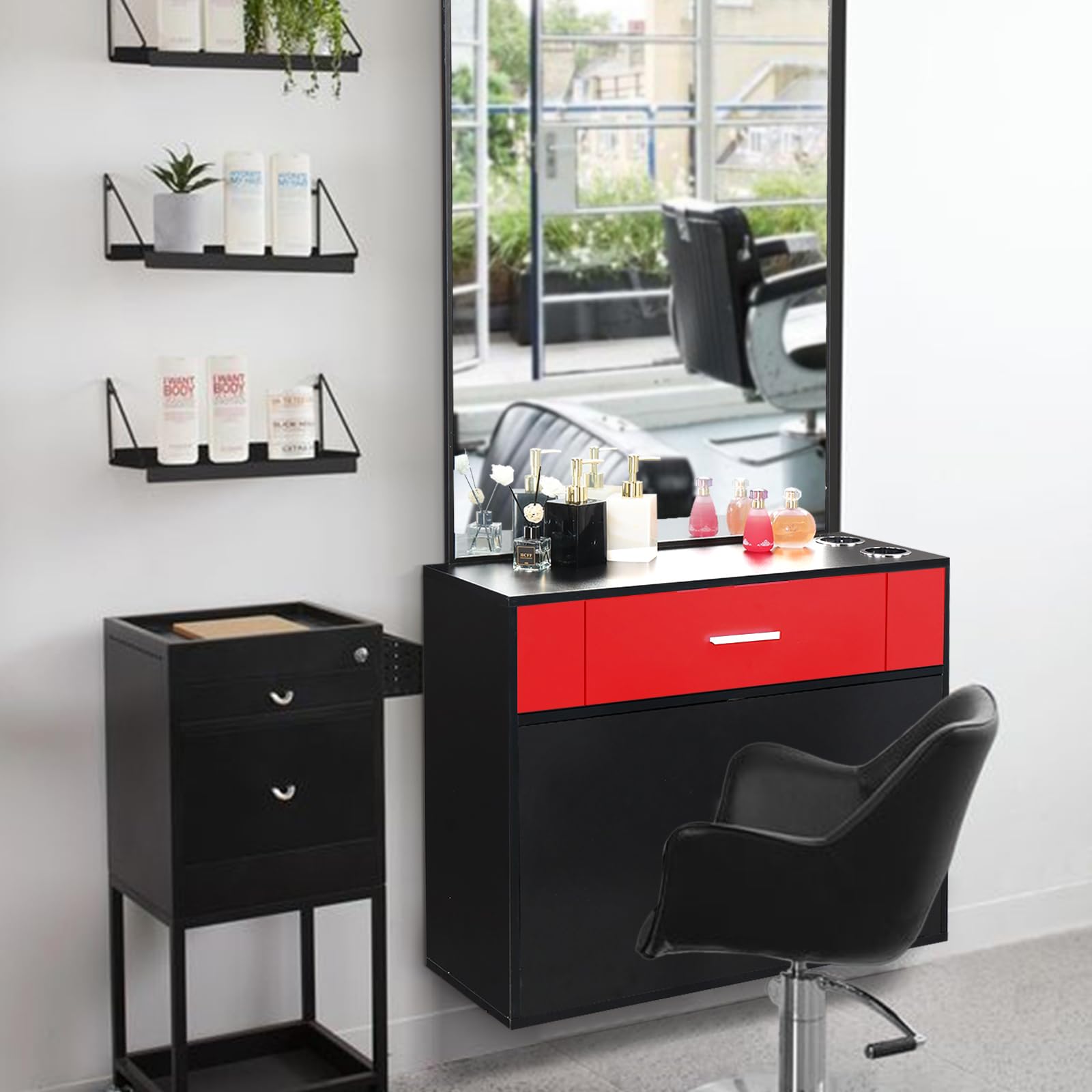 Professional Wall Mount Barber Salon Station - Hair Styling Equipment Set with Mirror, 2 Hair Dryer Holders, Drawer & Door - Beauty Spa Furniture for Barbershops & Salons (Red) - Perfect for Small Spaces & Home Use