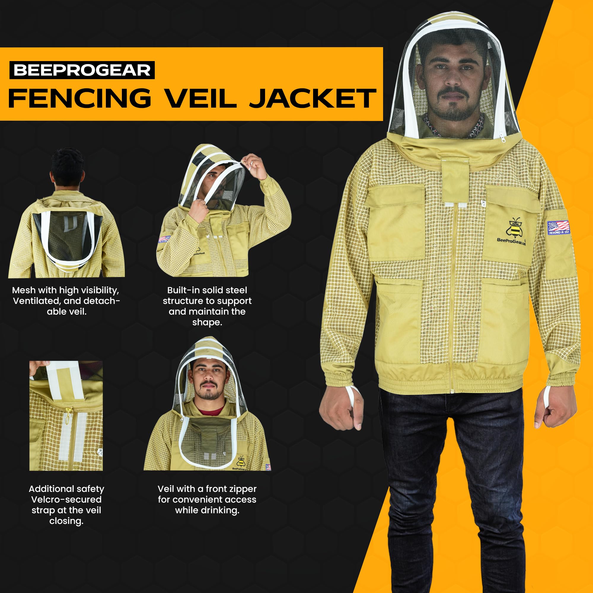 BeeProGear 3-Layer Ultra Mesh Beekeeping Jacket with Fencing Veil & Sting-Proof Leather Gloves - Unisex Protective Suit for Beekeepers (Brown, X-Small) | Ideal for Honey Harvesting, Hive Inspection & Outdoor Beekeeping Activities