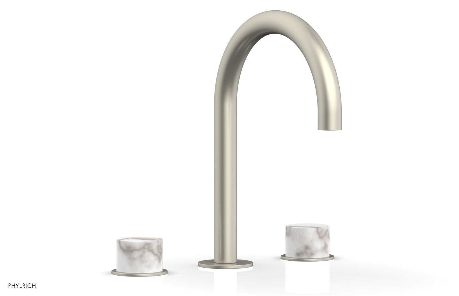 BASIC II Widespread Bathroom Faucet with White Marble Handles - 8 Inch Centerset, Brushed Nickel Finish for Modern Vanity Sinks (Model 230-03) - Perfect for Guest Bathrooms and Powder Rooms