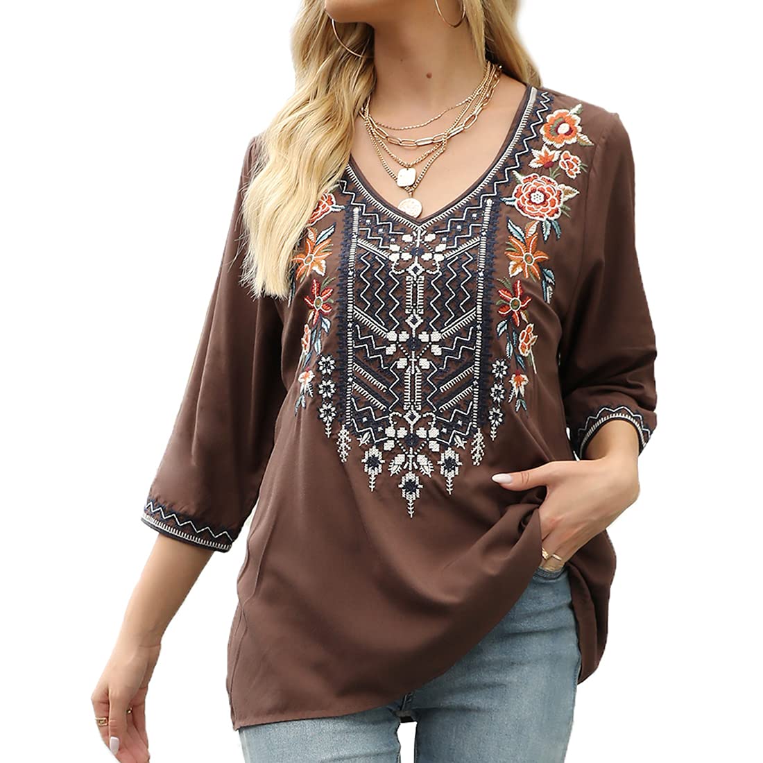 AK Women's Embroidered 3/4 Sleeve V-Neck Peasant Blouse - Traditional Mexican Tunic Top for Casual Wear, Festivals & Boho Style Outfits