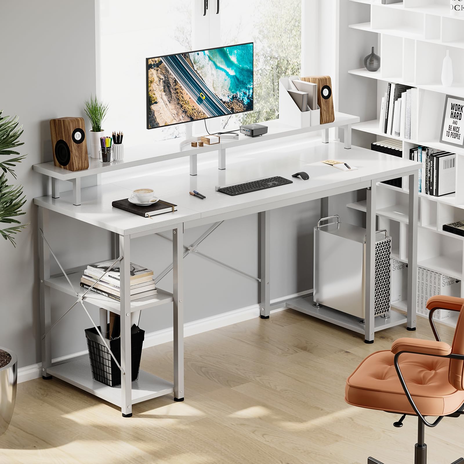 ODK Reversible Gaming Desk with Monitor Stand and Storage Shelf - 120x50x86.5cm White Computer Desk for Home Office, Bedroom, Study Room - Perfect for Work, Gaming, and Remote Learning
