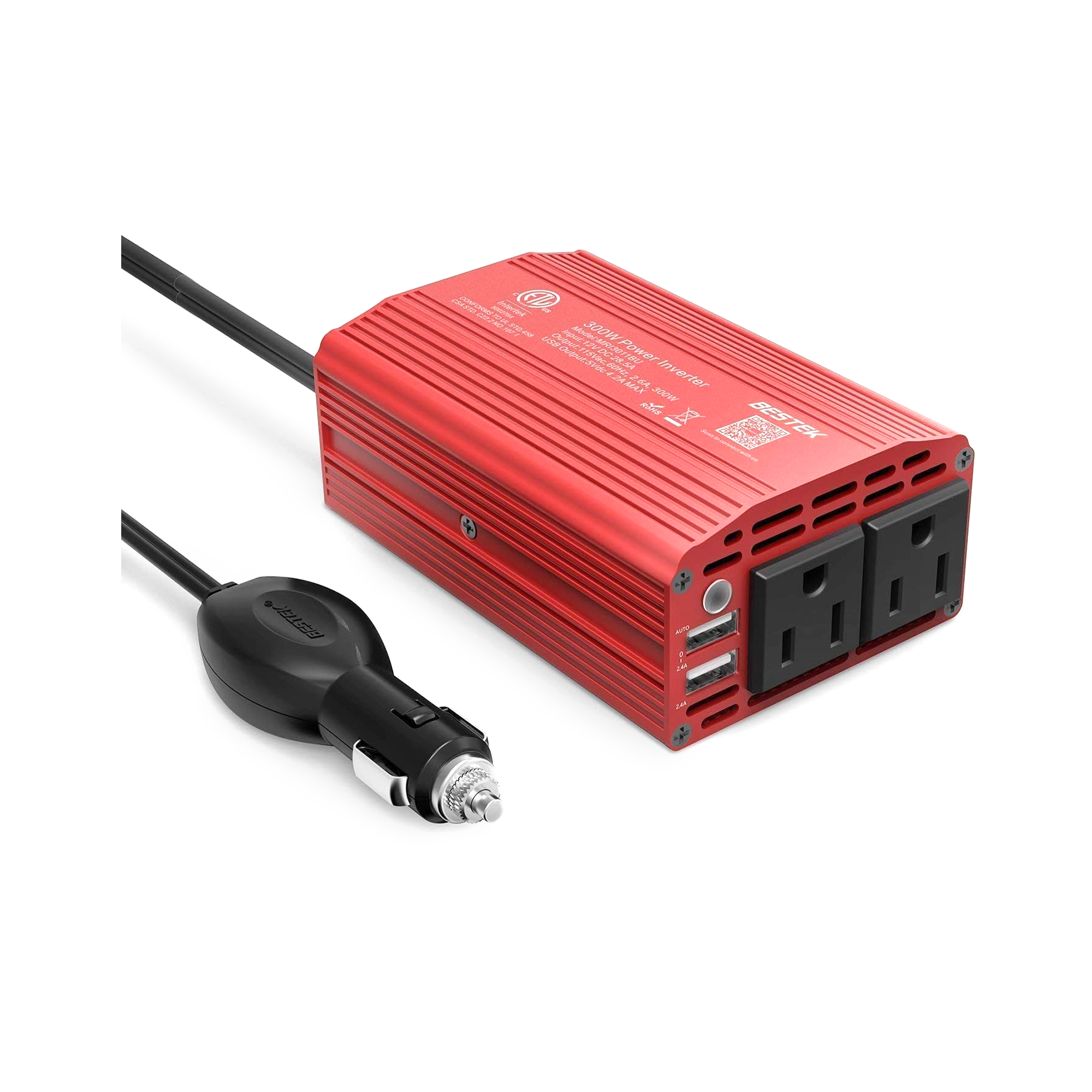 Bestek 300W Car Power Inverter - DC 12V to 110V AC Converter with 4.2A Dual USB Ports for Charging Phones, Laptops & Small Appliances | Perfect for Road Trips, Camping & Emergency Power Outages