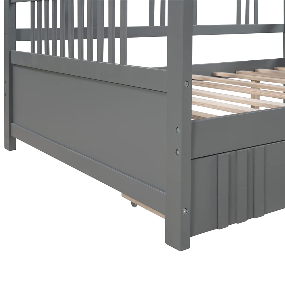 **Convertible Daybed Sofa Bed for Kids - Pinewood Frame with Guardrails & Wood Slats - Full Size Pull-Out Storage Drawers with Wheels (Gray) - Perfect for Kids' Bedroom, Guest Room & Small Spaces**