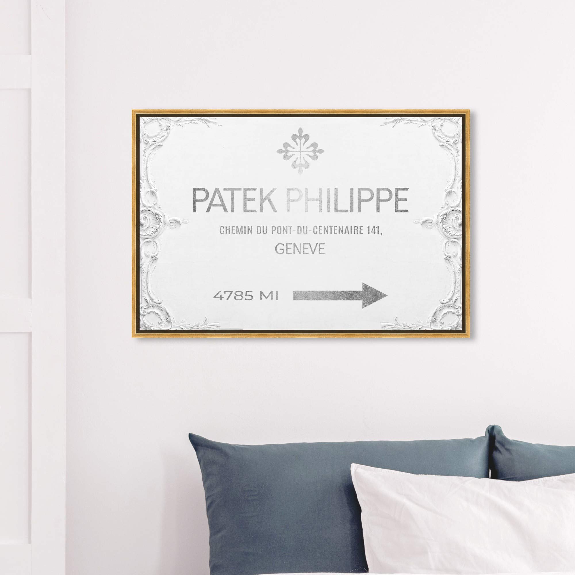 Oliver Gal Artist Co. Fashion & Glam Wall Art Framed Canvas Print - 'Geneva Watches Road Signs' Home Decor Painting, 36x24 Inches, Gray & White | Perfect for Living Room, Bedroom or Office Wall Decor