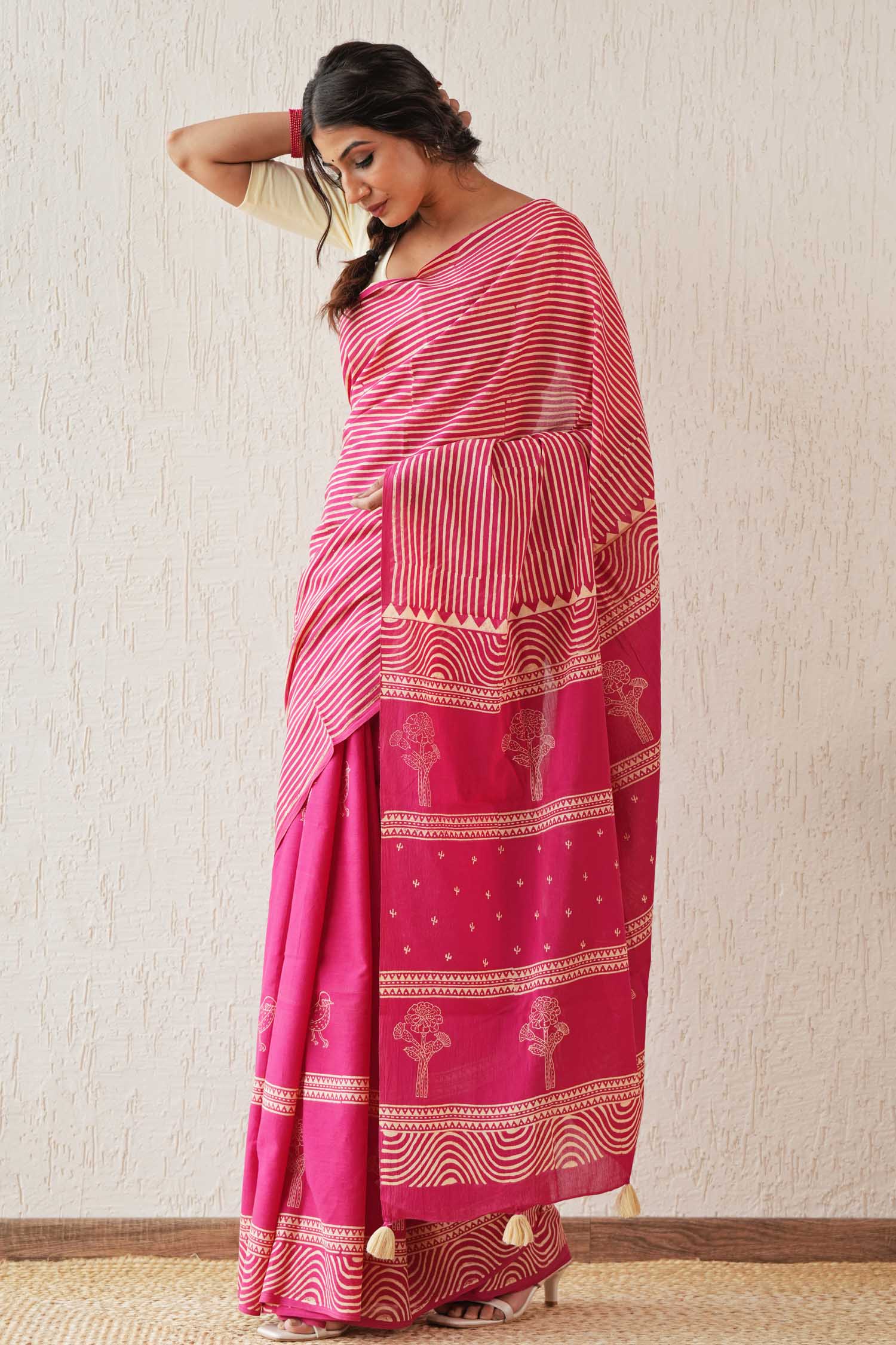 Gilded Folklore Hand Block Printed Mulmul Cotton Saree | Traditional Indian Saree for Women | Perfect for Weddings, Festivals & Cultural Events