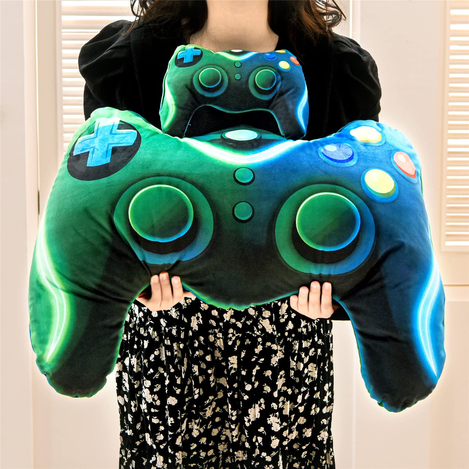 Gaming Plush Throw Pillow - Controller Shaped Cushion for Boys & Girls | Gamer Room Decor, Sofa, Bed, Computer Chair Accessory | Perfect Gift for Teen Gamers (Blue Green, Large) - Ideal for Gaming Rooms, Sleepovers & Esports Themed Parties