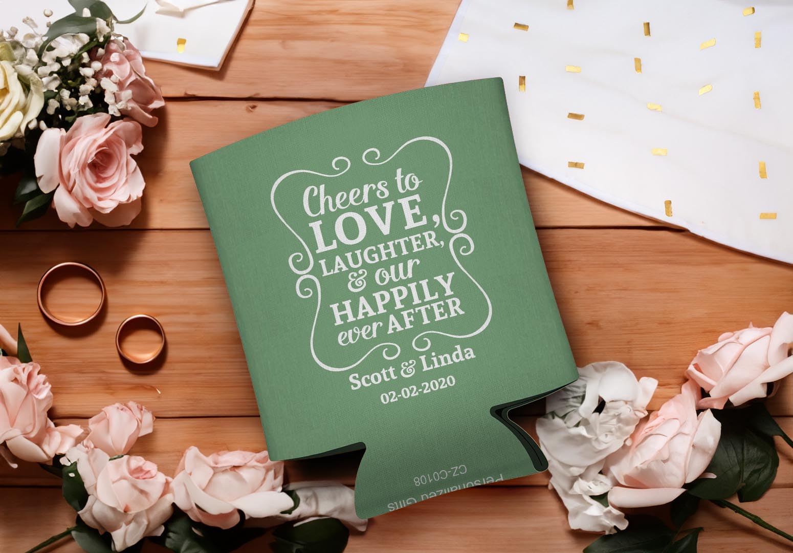 Cheers To Love Custom Names & Date 48-Pack Personalized Can Coolers - Sage Green Drink Sleeves for Beer, Soda & Cocktails - Perfect for Weddings, Parties & Outdoor Events