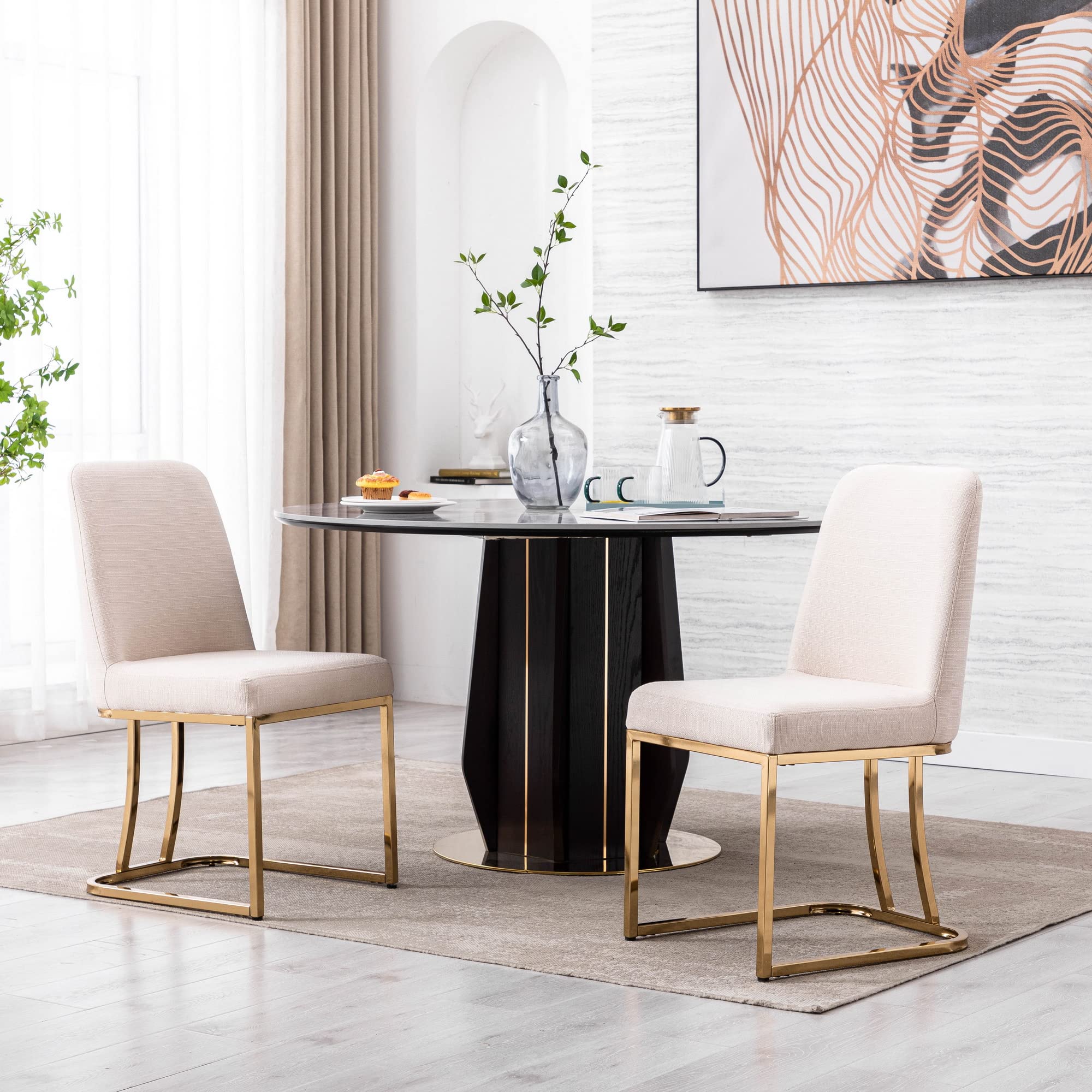 2 Piece Modern Linen Dining Chair Set - High Back Upholstered Armless Side Chairs for Dining Room & Living Room - Cream Fabric Seating - Perfect for Small Spaces, Breakfast Nooks & Contemporary Home Decor