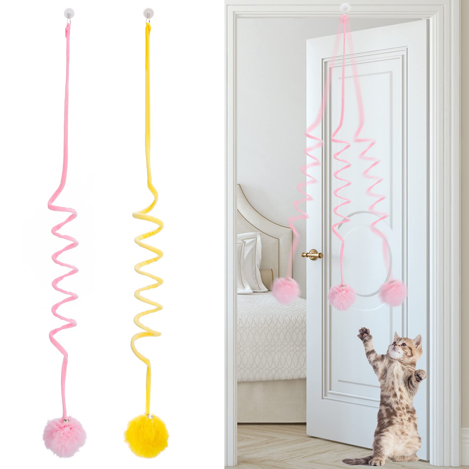 Fanshiontide 2 Pack Hanging Cat Toys with Bells - Interactive Plush Door Teaser Toys for Indoor Cats & Adult Cats - Pink & Yellow - Perfect for Hunting Exercise & Playtime Fun