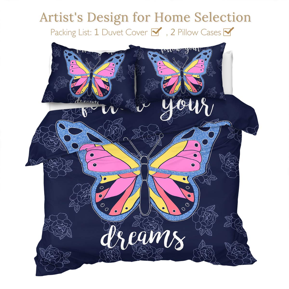 Sleepwish 3-Piece Butterfly Duvet Cover Set - Blue & Red Floral Design, Queen Size Bedding for Girls' Room & Bohemian Bedroom Decor