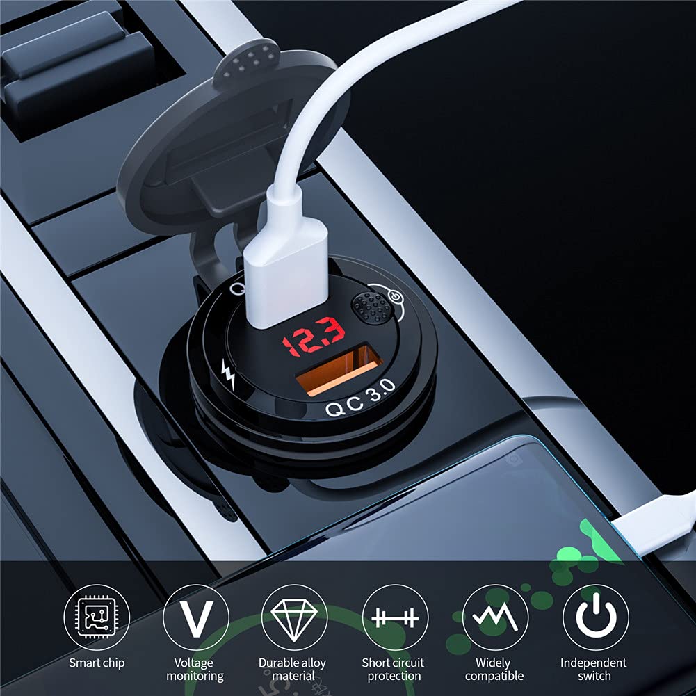 12V-24V Dual USB Car Fast Charger with Voltmeter & Mechanical Switch - Aluminum Alloy Multi-Function Car Charger for Road Trips & Daily Commutes