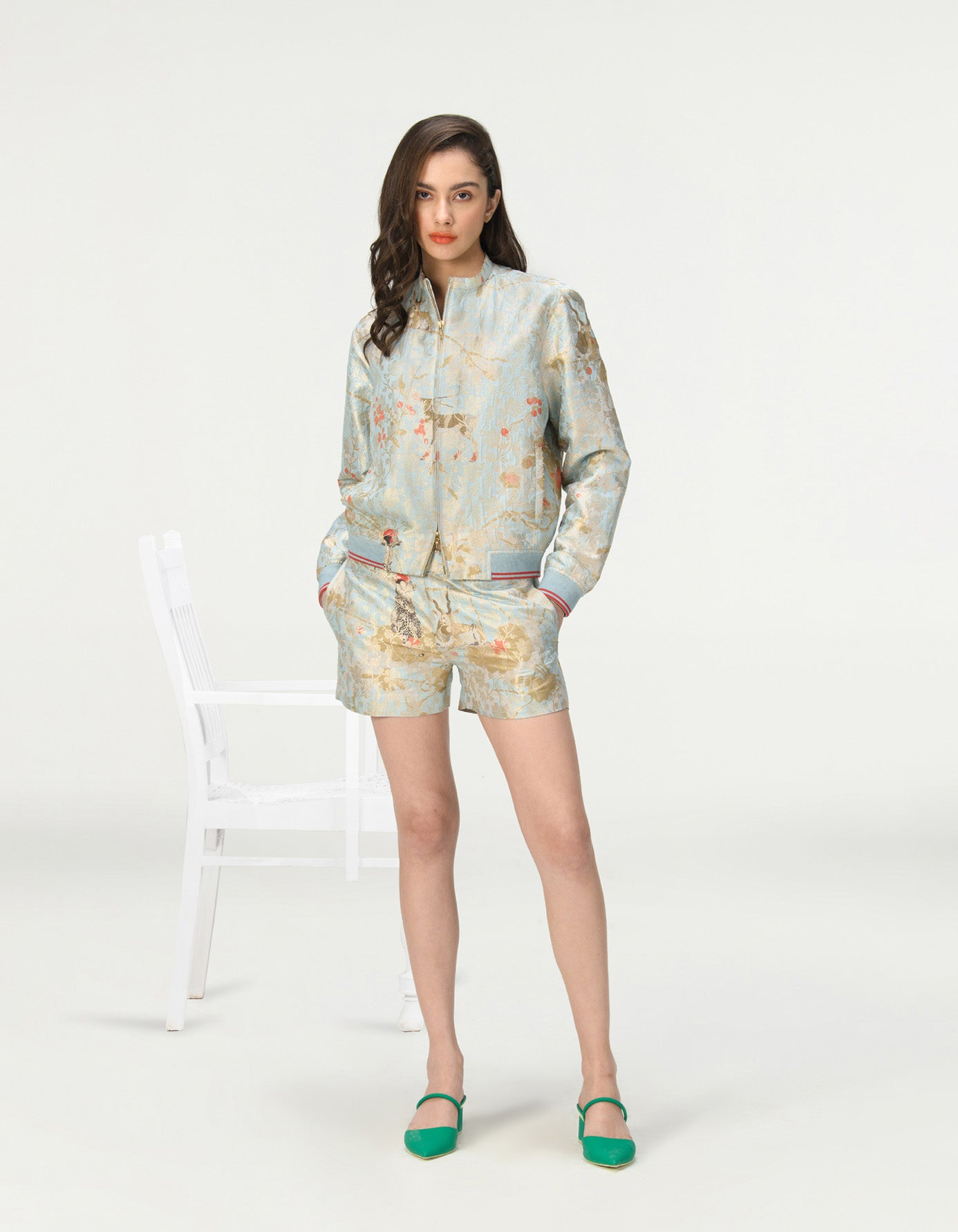 Janbaaz Men's Ice Blue Silk Brocade Bomber Jacket - Lightweight Stylish Outerwear for Casual Wear & Night Out