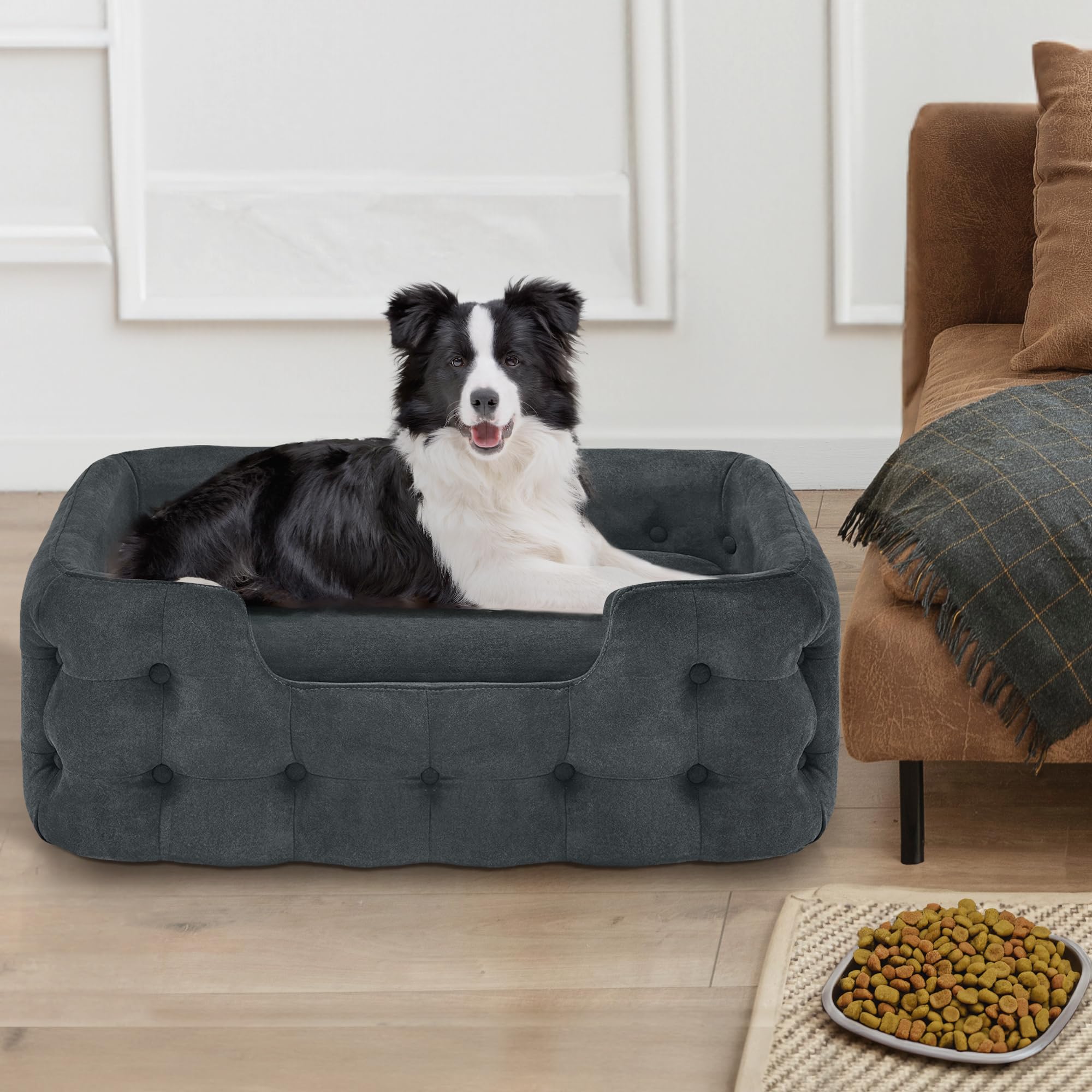 Premium MCombo Dog Sofa Bed - 33 Inch Orthopedic Foam Pet Bed with Removable Washable Cover, Modern Pet Couch for Small & Medium Dogs - Dark Grey (0553) - Perfect for Living Room, Bedroom & Pet-Friendly Spaces