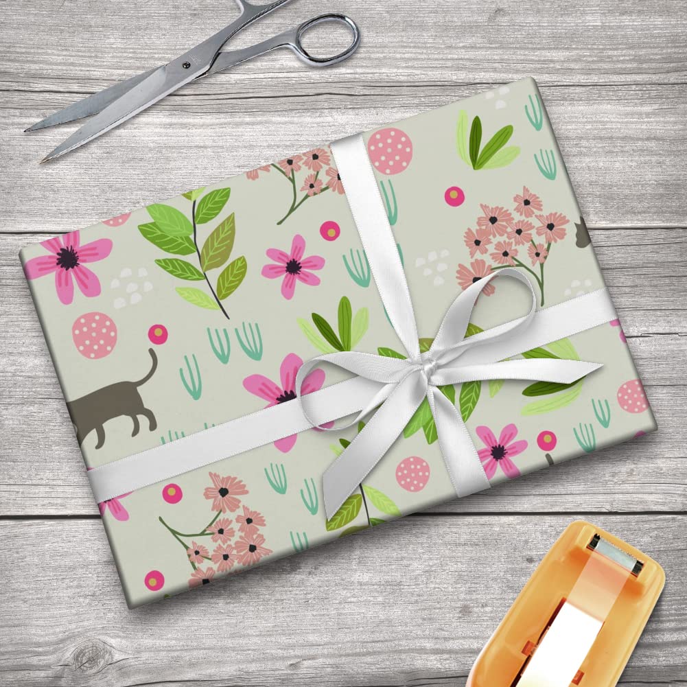 Premium Cat and Floral Pattern Gift Wrapping Paper Rolls - Perfect for Birthday Presents, Holiday Gifts & Party Decorations | GRAPHICS & MORE