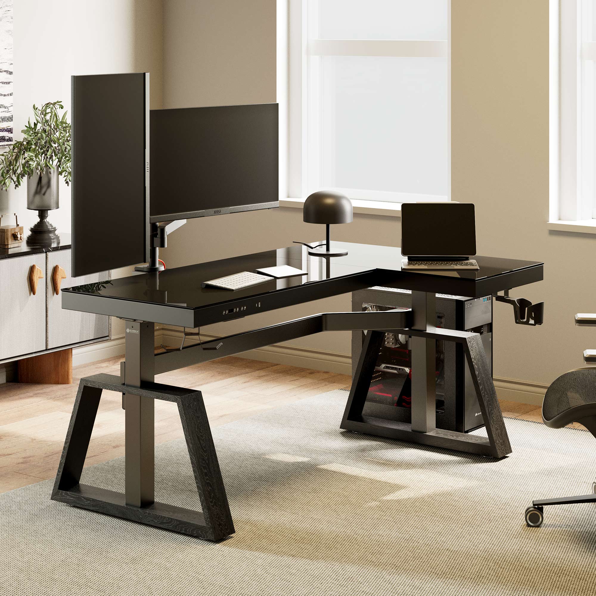GTG L60 Pro L-Shaped Glass Gaming Standing Desk - 60x23 Inches, Ergonomic Height Adjustable Workstation for Home Office, Streaming & PC Gaming Setup