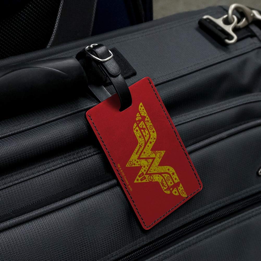 Wonder Woman Logo Leather Luggage Tag - Rectangle ID Card Holder for Travel Bags & Suitcases | DC Comics Superhero Gift for Fans