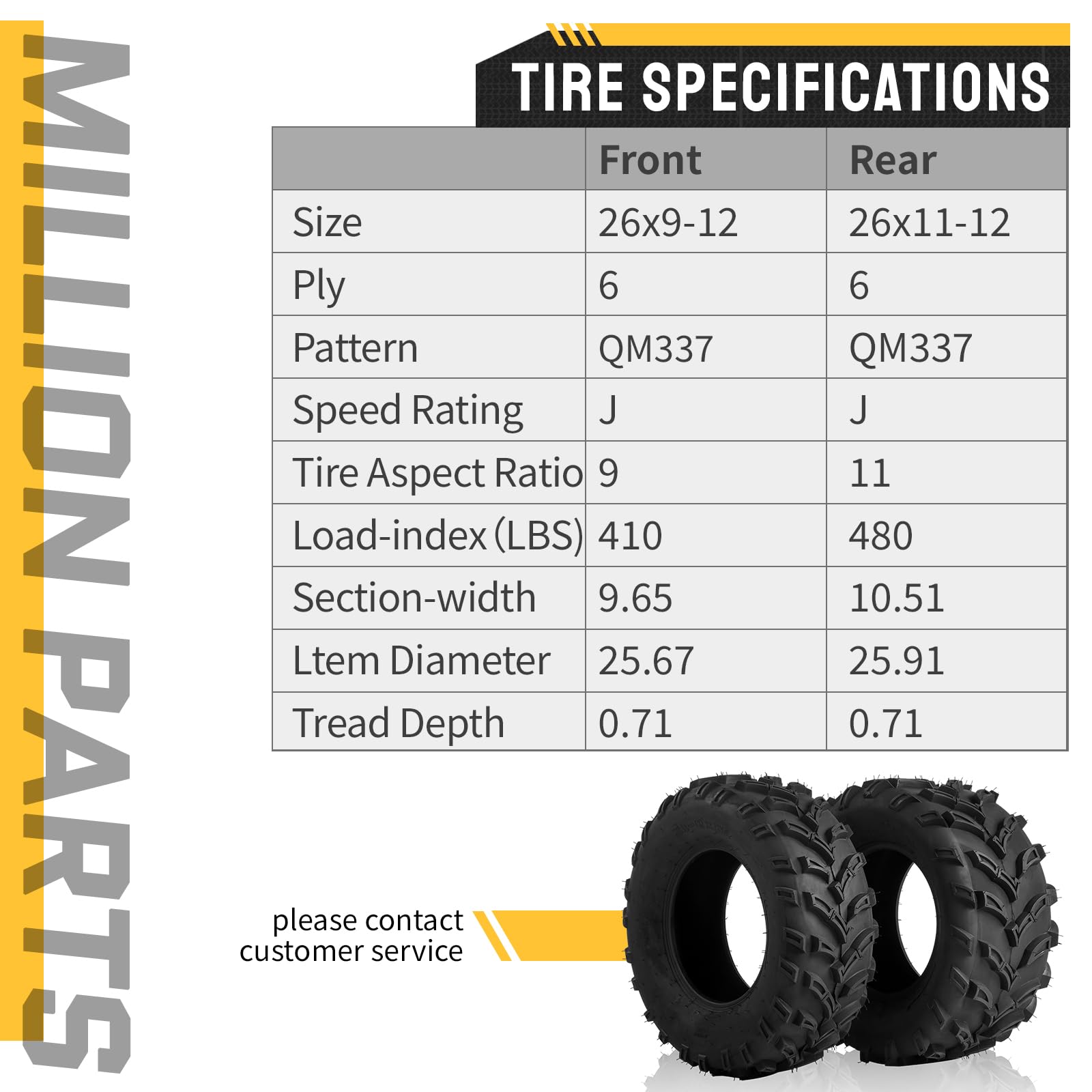 MOTORHOT Set of 4 ATV/UTV Tires 26x9-12 Front & 26x11-12 Rear - 6PR All-Terrain Tubeless Tires with 15mm Deep Tread for Trail, Sand & Off-Road Adventures