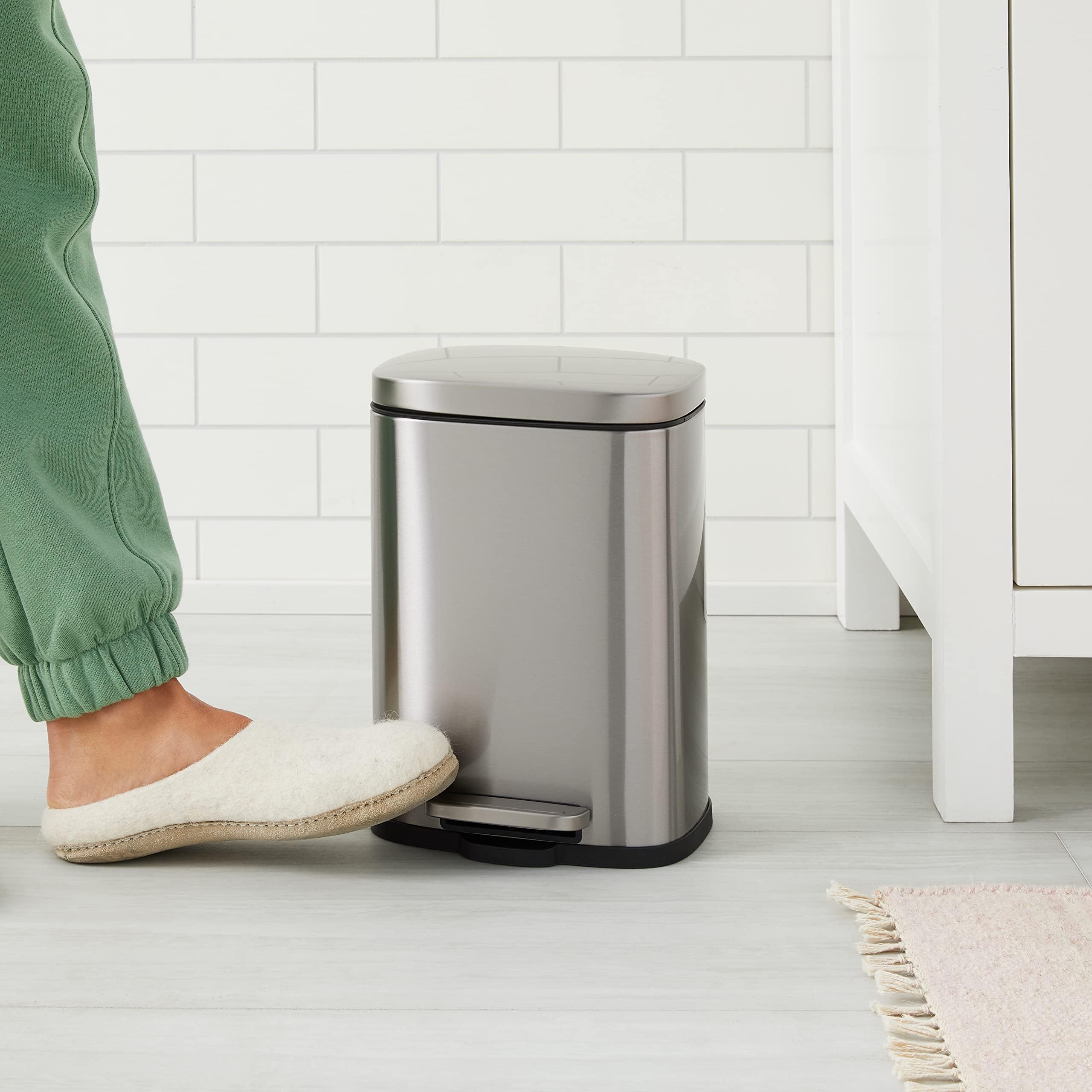Amazon Basics Smudge Resistant Mini Rectangular Trash Can with Soft-Close Foot Pedal - 5L/1.3 Gallon Brushed Stainless Steel Bathroom Waste Bin for Small Spaces (7.3x8.5x11.8 Inches, Silver) | Perfect for Bathrooms, Offices, Dorm Rooms & Tight Spaces