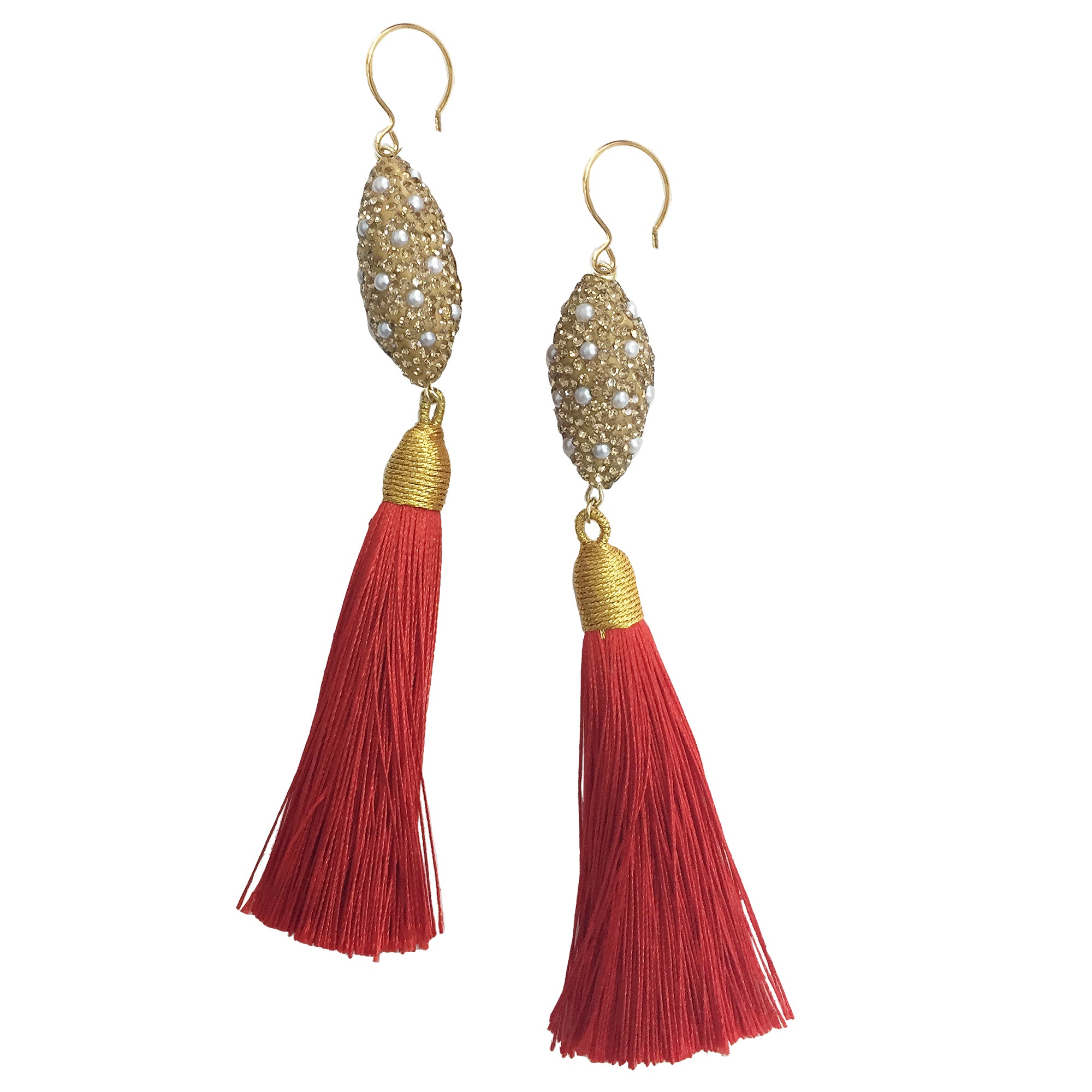 Elegant Oval Pearl Rhinestone Earrings with Red Tassel Drops - CE010 - Perfect for Parties, Weddings & Evening Events