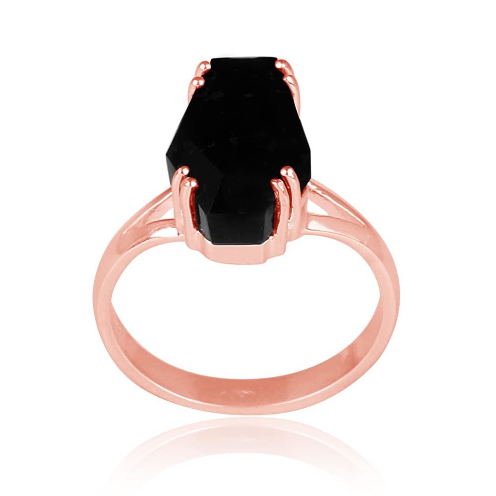 Black Onyx Gemstone Ring - Coffin Design Statement Ring in Solid 925 Sterling Silver | Evil Eye Protection Jewelry | Stackable Silver Ring for Women (Rose Gold Plated, Size 4.5) | Perfect for Gothic Fashion, Witchy Aesthetic & Everyday Wear