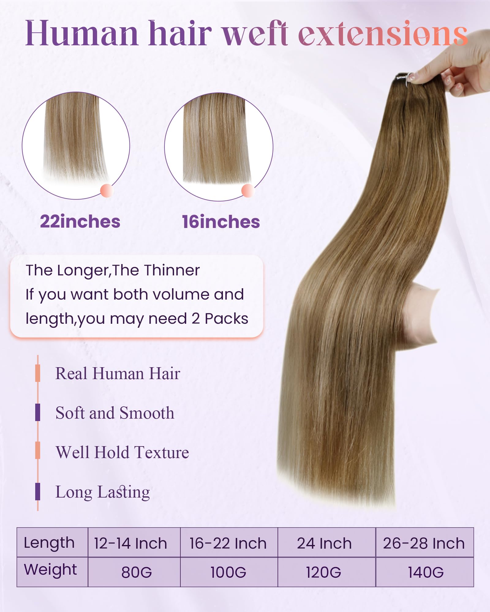 LaaVoo 22 Inch Sew in Hair Extensions - 100g Real Human Hair, Brown Balayage to Light Brown Ombre Golden Blonde - Long Weft Hair for Styling & Volume | Perfect for Weddings, Parties & Daily Wear
