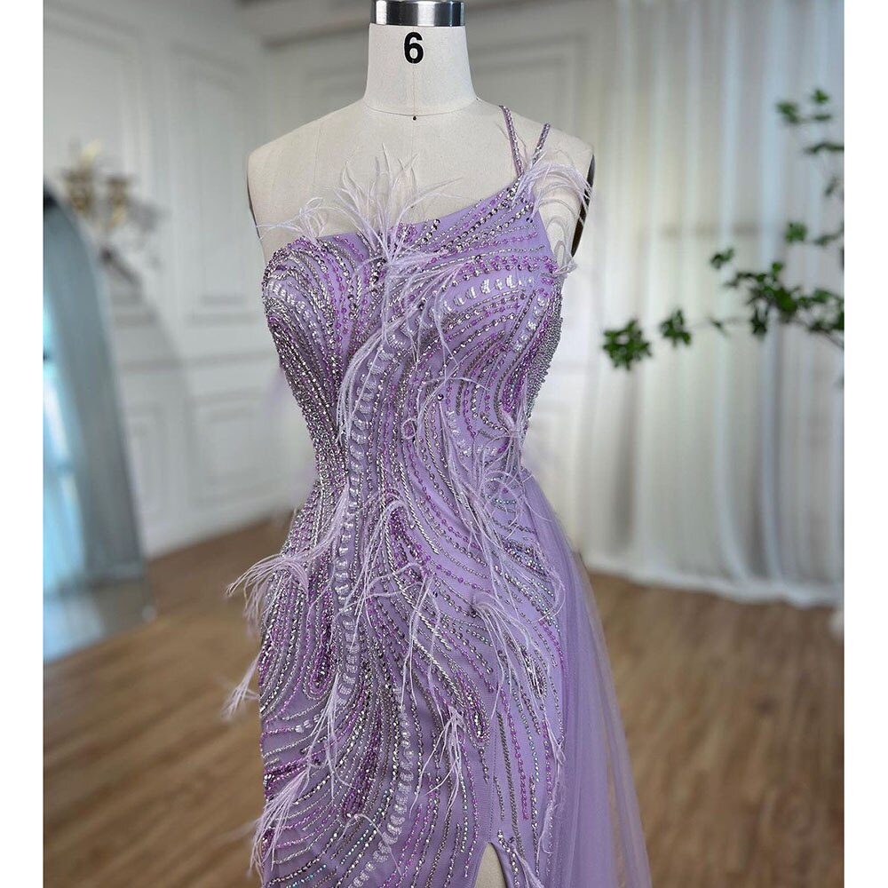 Serene Hill Lilac Mermaid Elegant One Shoulder Feather Beaded Luxury Evening Dress Gown for Women - Perfect for Wedding, Prom, Gala & Formal Events 2025 | Style LA72154