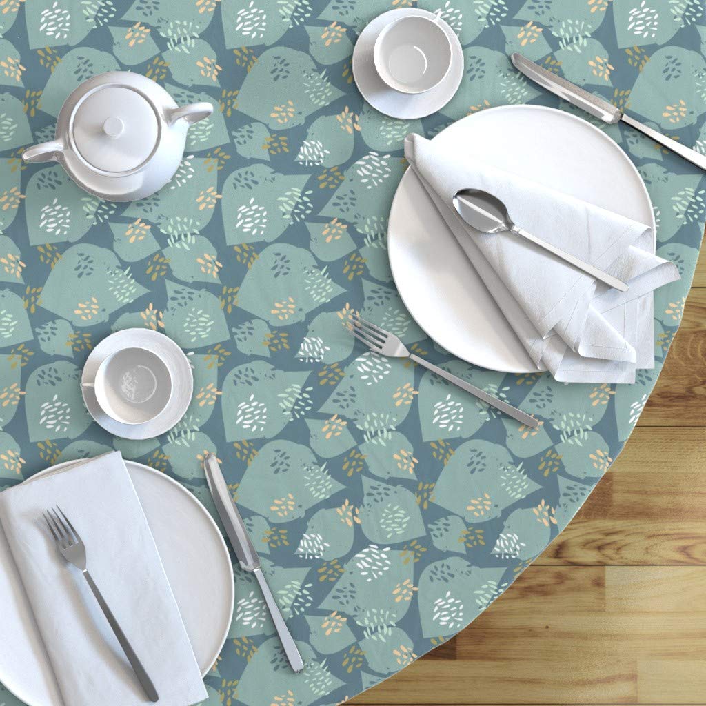 Abstract Leaves Blue Peach Painterly Cotton Sateen Tablecloth - 90