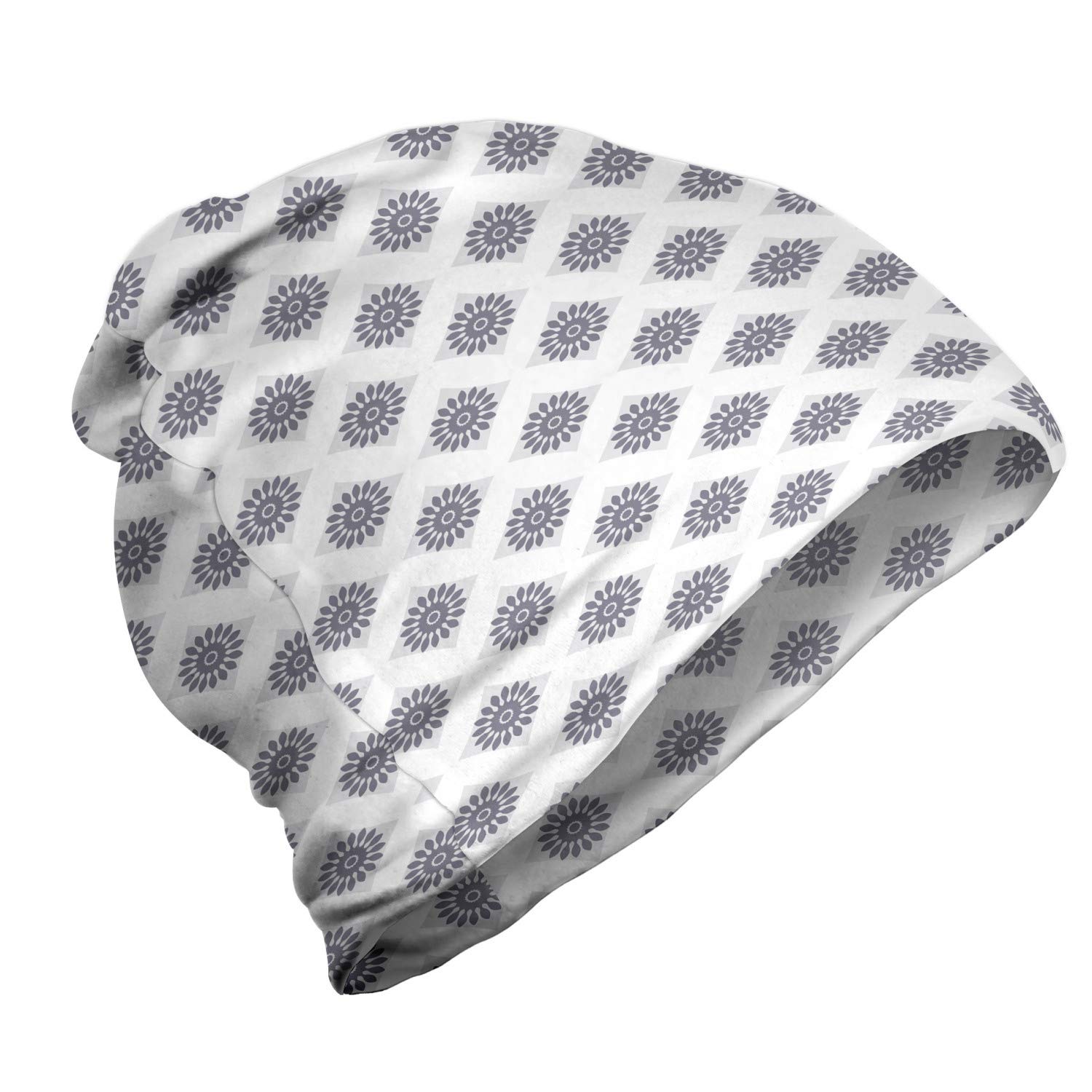Ambesonne Unisex Beanie - Grey Squares Flowers Pattern, Warm Knit Hat for Men & Women, Perfect for Hiking, Camping & Outdoor Winter Activities