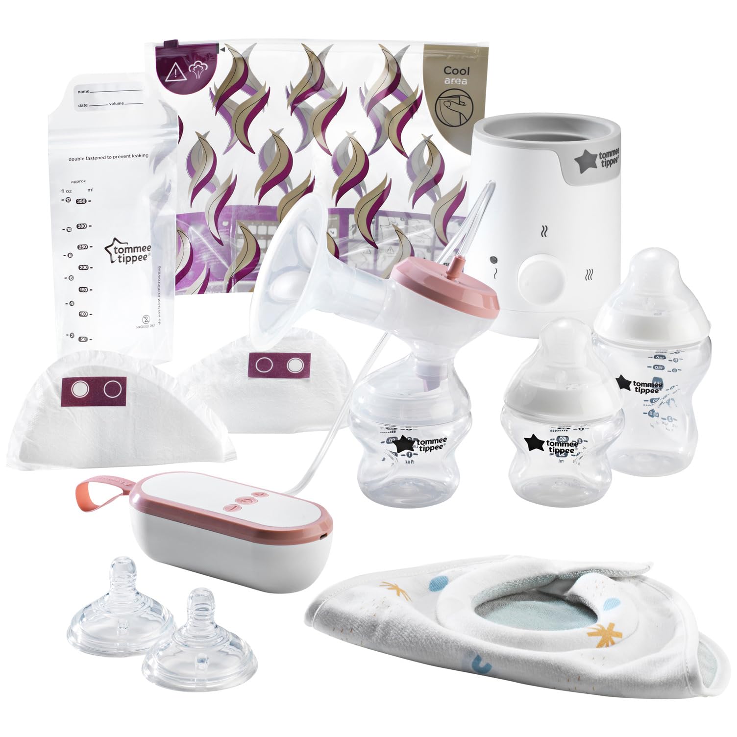 Tommee Tippee Complete Breastfeeding Kit - Electric Breast Pump, Bottle Warmer, Baby Bottles, Nursing Pads & Milk Storage Bags for New Moms - Perfect for Home, Travel & On-the-Go Breastfeeding
