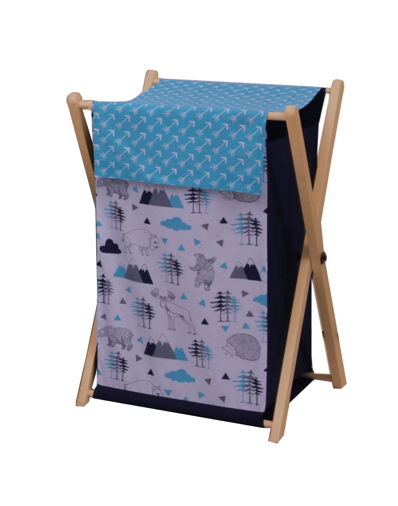 Bacati Woodlands Boys Cotton Hamper - Aqua, Navy, Grey | Durable Laundry Basket for Kids Room, Nursery, or Bathroom Storage | Perfect for Organizing Toys, Clothes, and Essentials