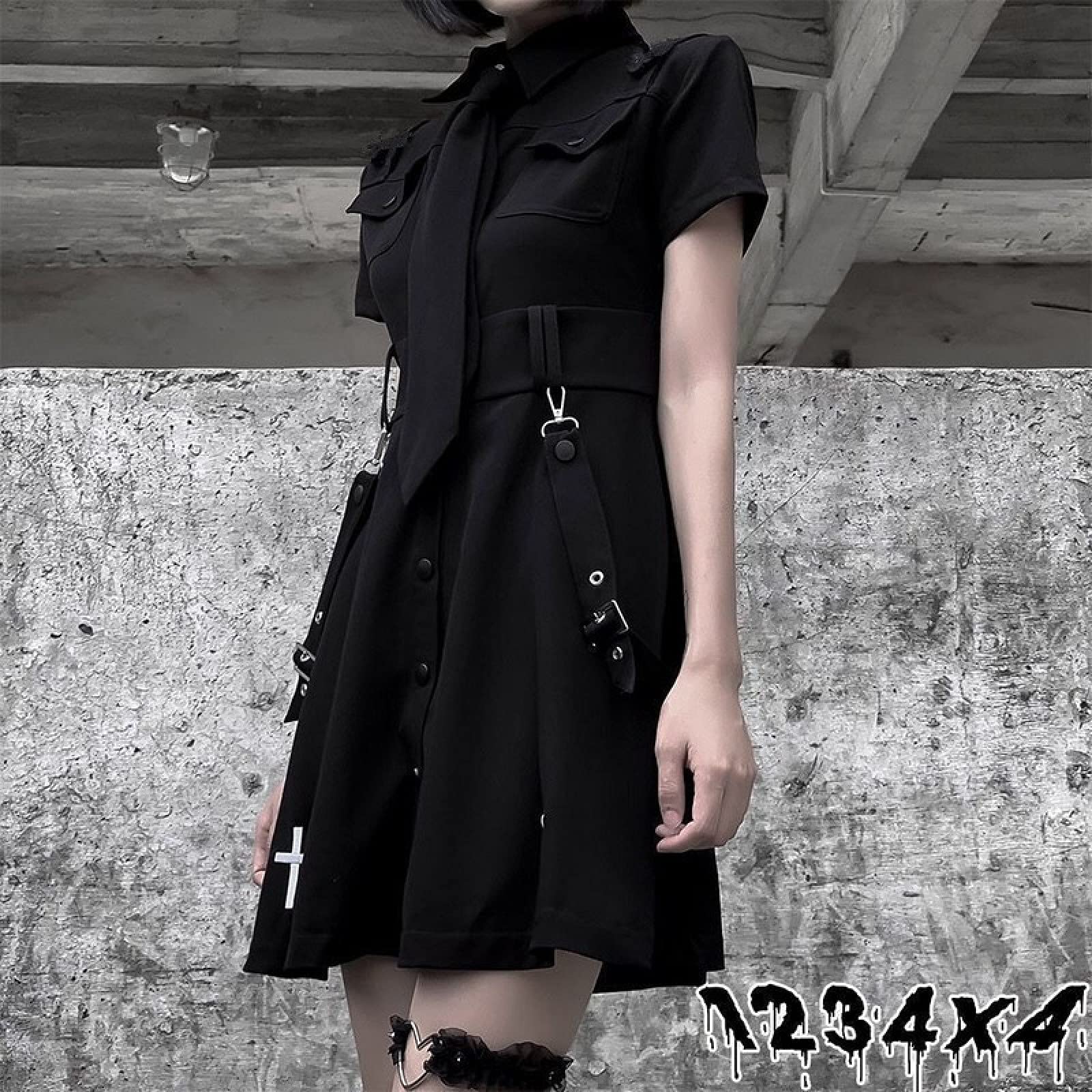 Gothic Punk Mini Dress for Women - Black Short Sleeve Harajuku Style Emo Shirt | Perfect for Summer Concerts, Mall Goth Fashion & Alternative Night Outfits