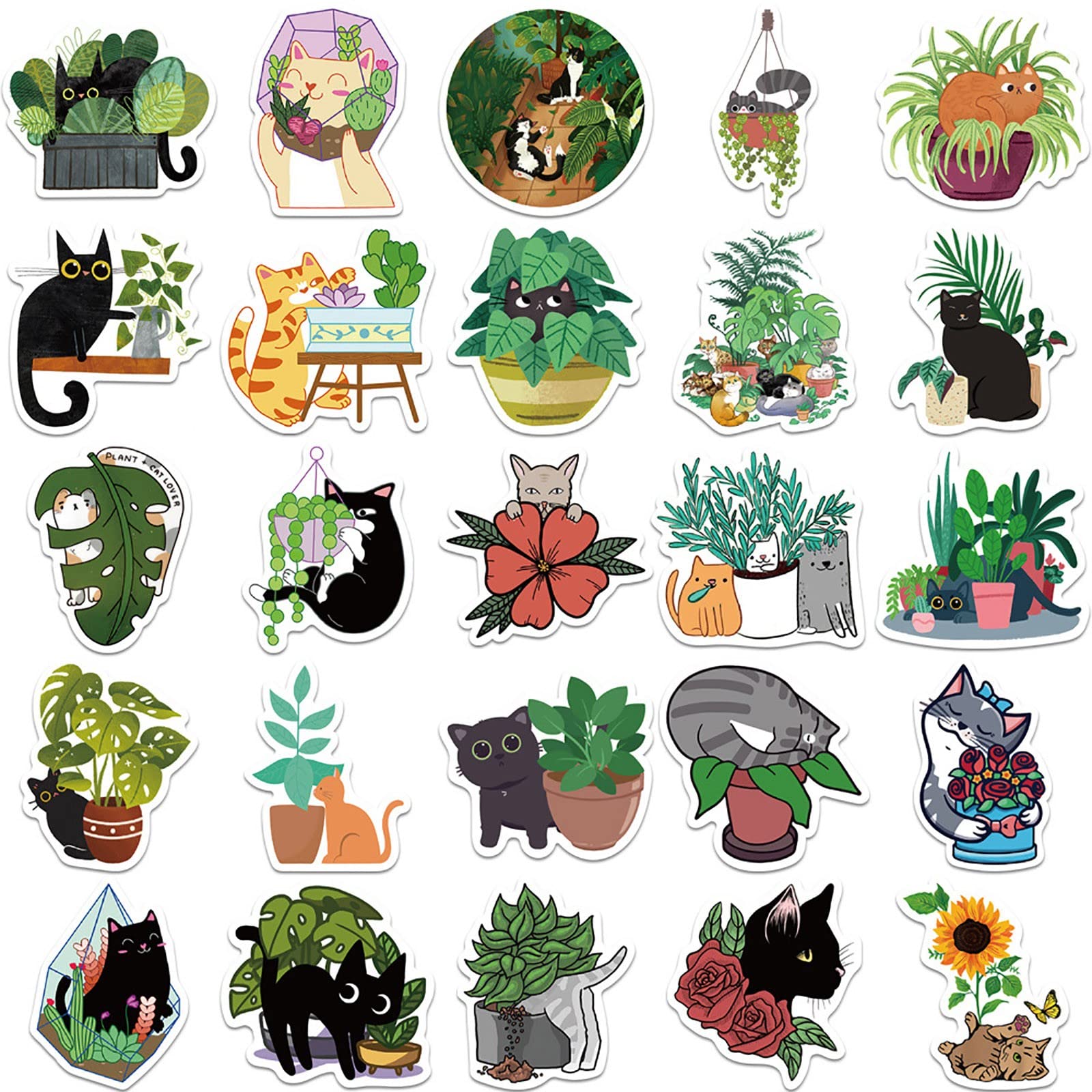 Adorable Green Cartoon Cat & Plant Baby Stickers - Waterproof DIY Decals for Luggage, Notebooks, Water Bottles & Tennis Gear | Perfect for Nursery Decor, School Supplies & Sports Accessories