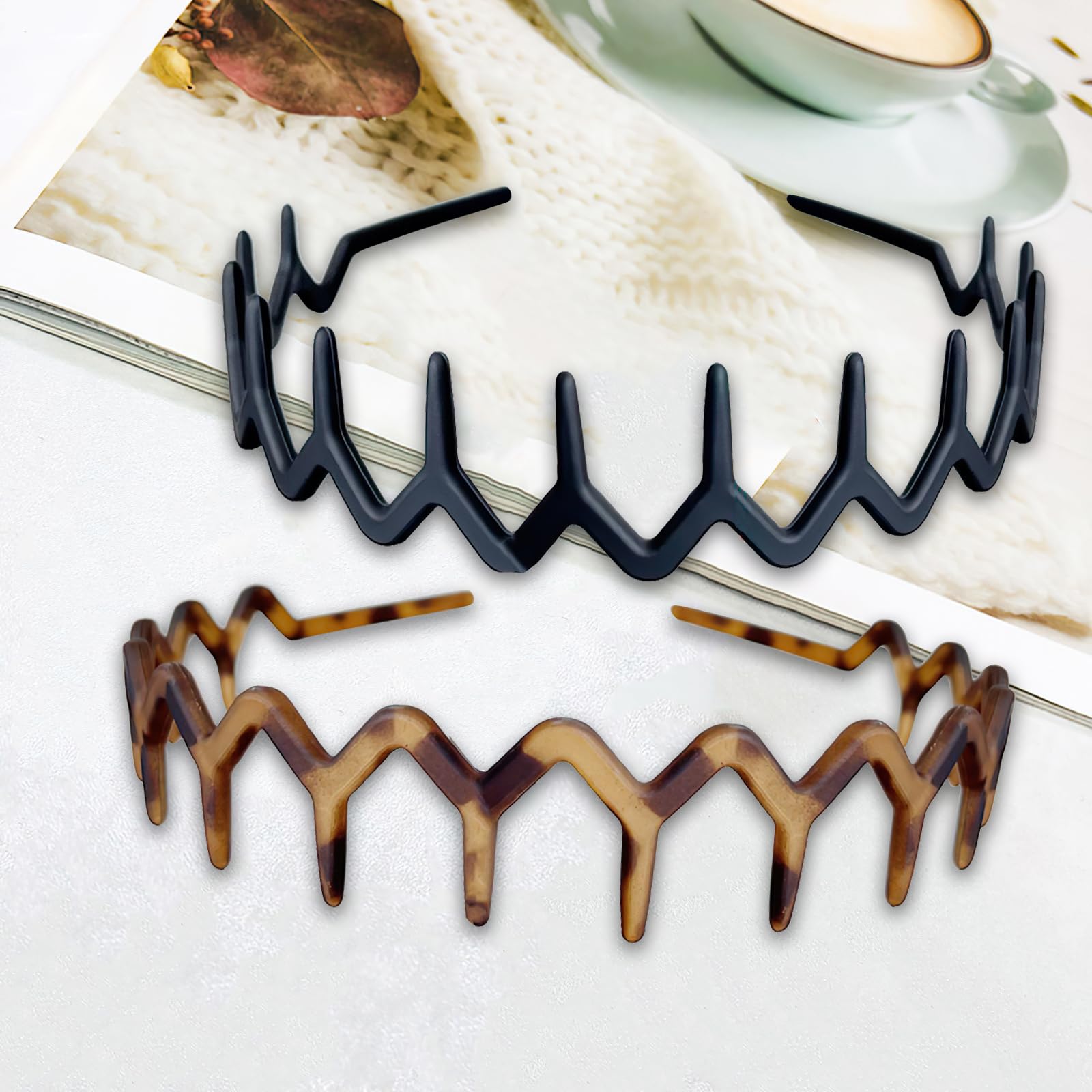 2 Pack Zigzag & Wavy Plastic Headbands - Shark Teeth Design Hair Accessories for Women & Men (Black, Brown) | Perfect for Sports, Workouts, Fashion & Everyday Use