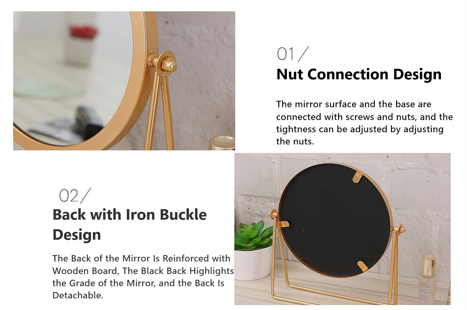 Golden Tabletop Makeup Mirror - 360° Swivel & Adjustable Single-Sided Vanity Mirror with Iron Stand, 7.1