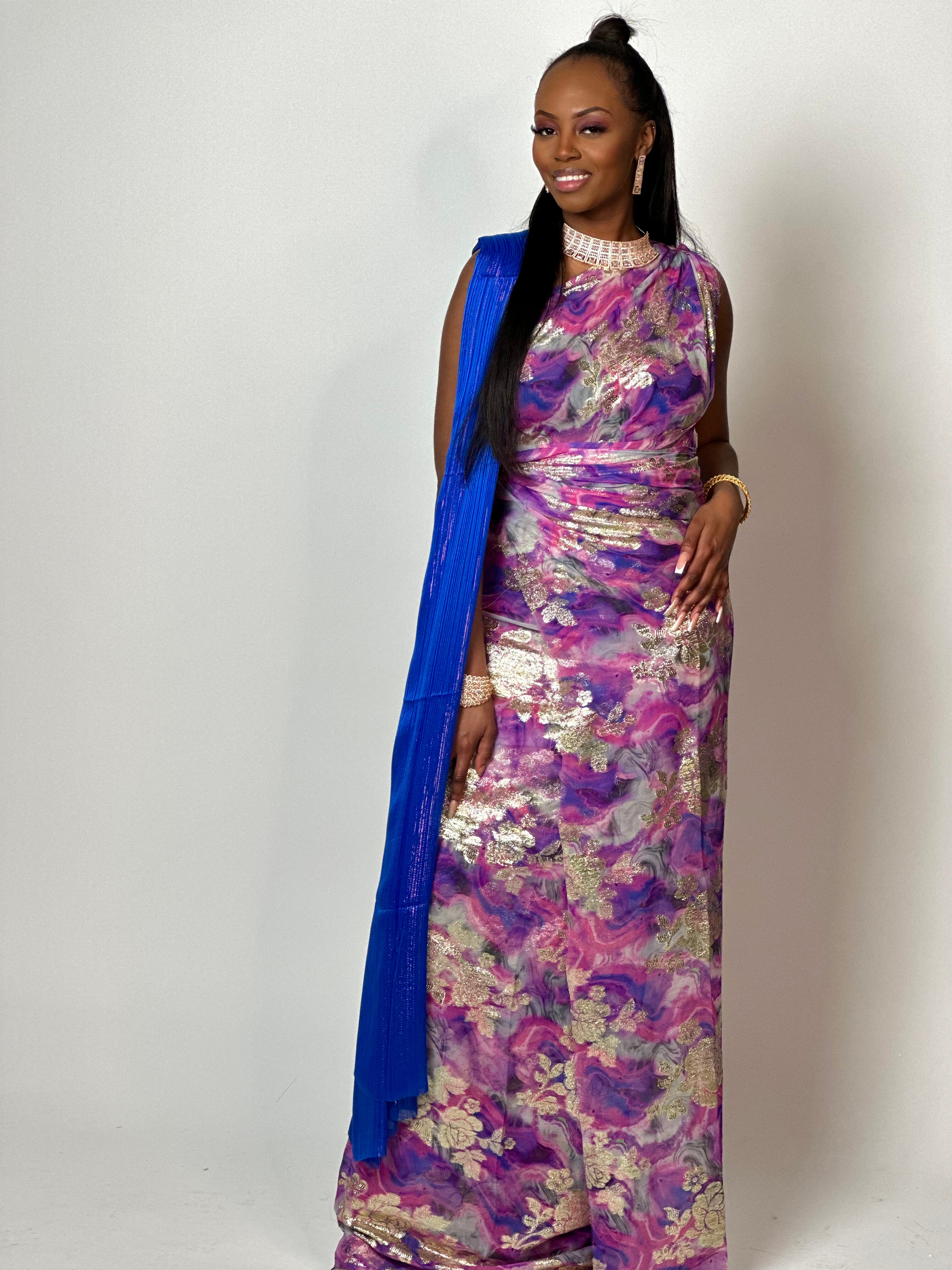 Elegant Purple and Pink Somali Dirac with Royal Blue Accents - Traditional African Scarf for Women, Perfect for Weddings, Parties, and Cultural Events