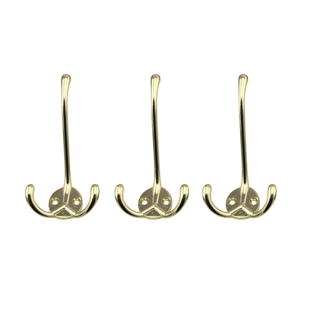 Wall Mounted Metal Clothes Hooks - 3 Prong Gold Hooks for Hats, Handbags & Coats | Space Saving Entryway & Closet Organization Solution