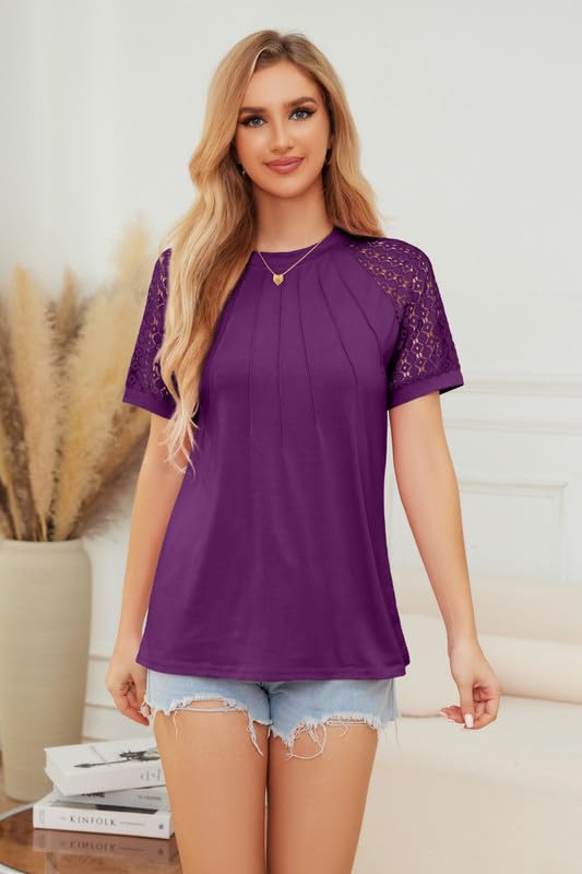 Trendy Women's Lace Short Sleeve Crewneck T-Shirts - Elegant Pleated Blouse & Tunic Top for Casual & Dressy Outfits | Perfect for Office, Date Night & Summer 2024 Fashion