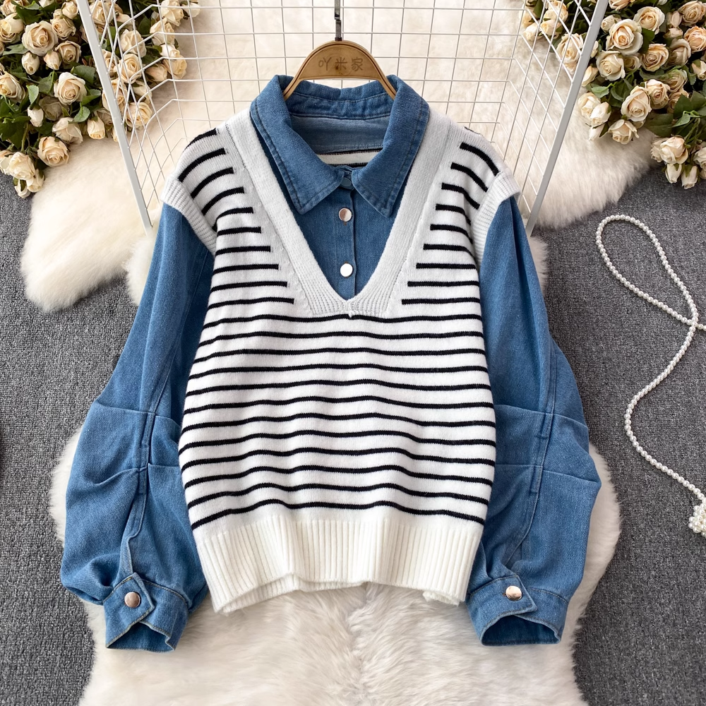 Women's Denim Splicing Polo Collar Striped Sweater Pullover - Casual Long Sleeve Shirt for Autumn | Perfect for Office Wear, Date Nights & Fall Layering