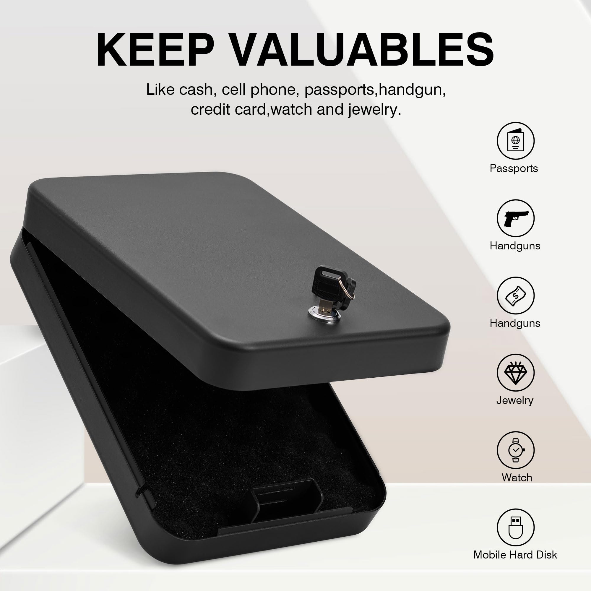 Secure Handgun Safe with Key Lock - Compact 9.4x6.6x1.8 Inch Portable Pistol Safe for Car, Home & Travel - Gun Storage Solution for Vehicle, Nightstand & Personal Protection - Black