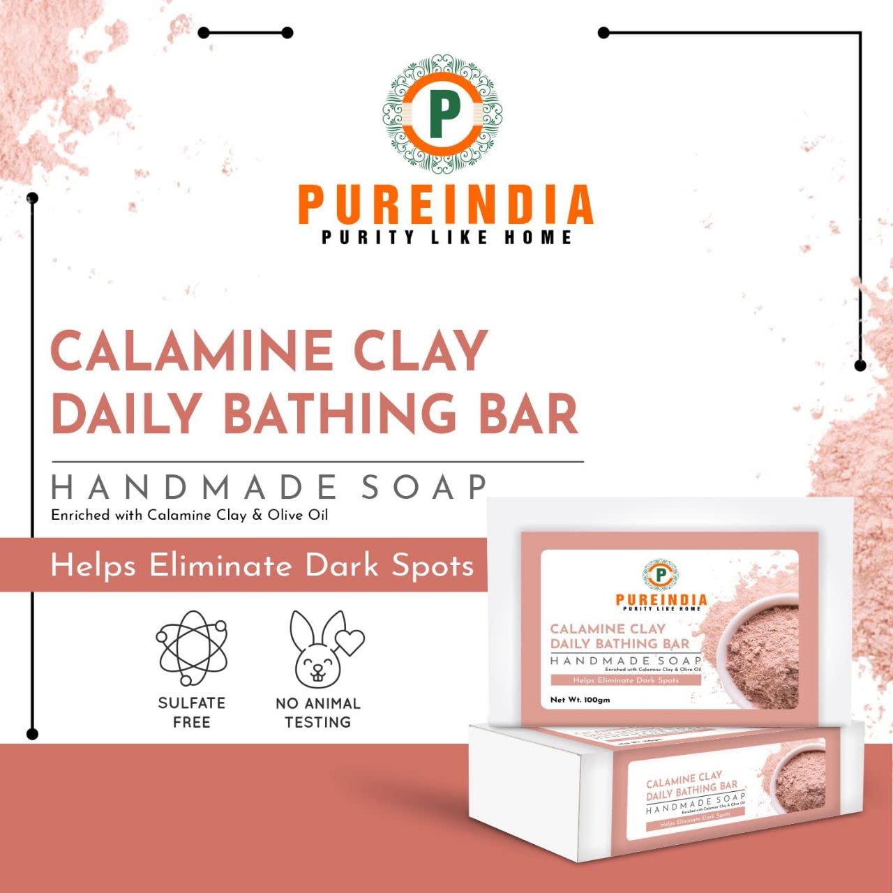 PureIndia Handmade Calamine Clay Soap Bar for Acne, Oily Skin & Sensitive Skin - Natural Exfoliating & Cleansing Bar (Pack of 3, 100g Each) - Perfect for Daily Skincare Routine & Spa Bathing