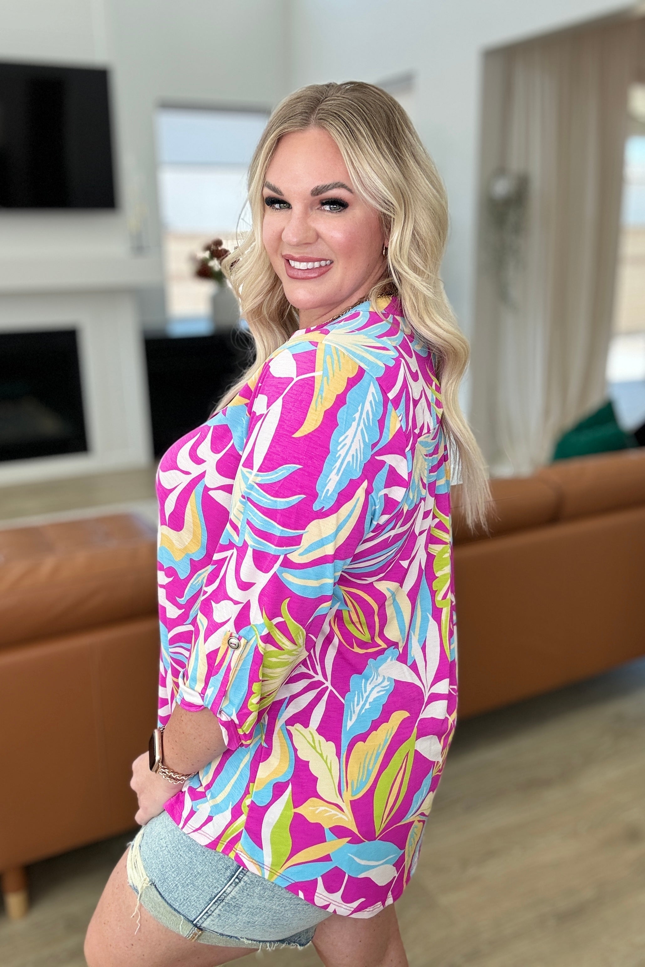 Lizzy Women's Sleeveless Top in Magenta & Lime Palm Print - Casual Summer Blouse for Beach, Vacation, and Everyday Wear