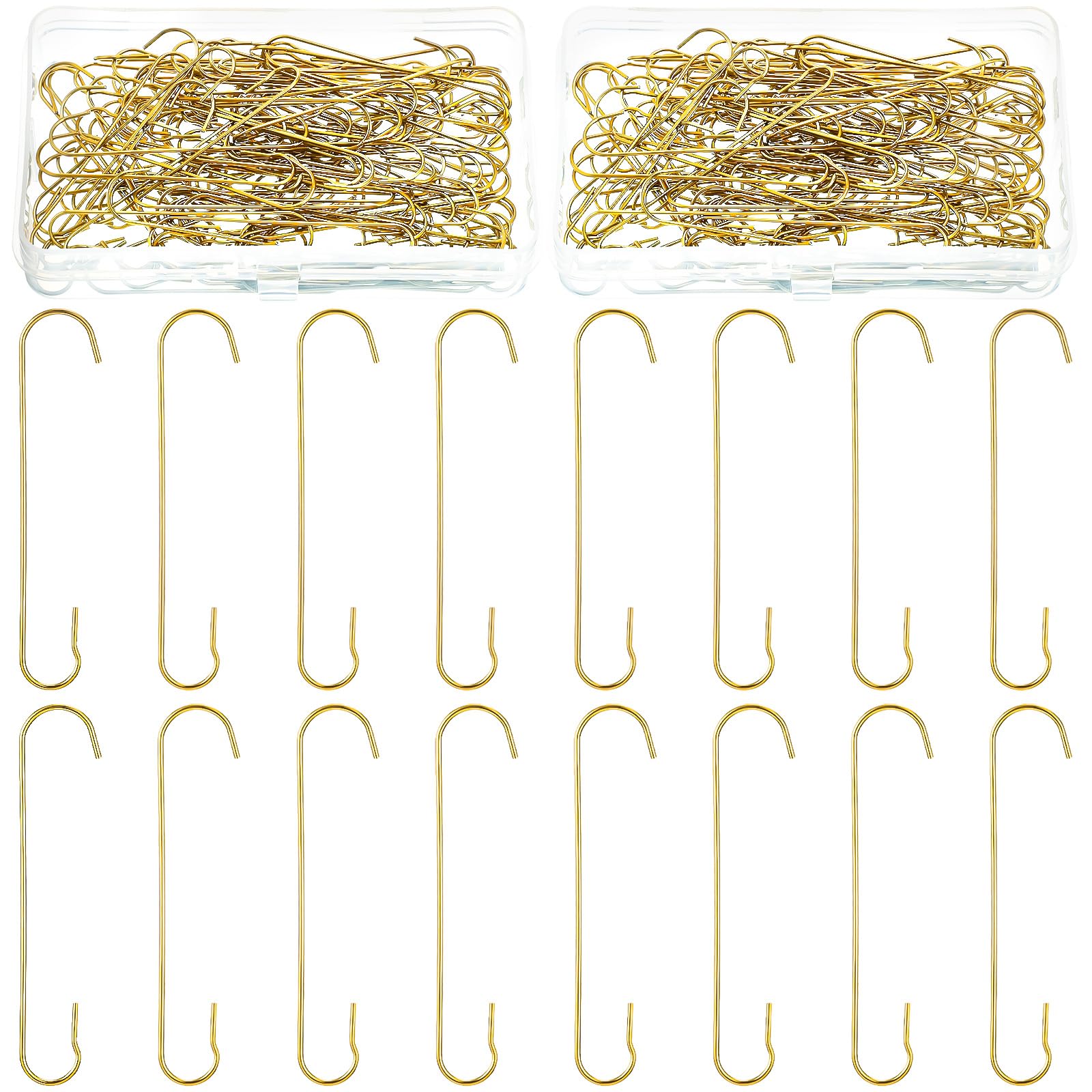 Mixweer 120 Pcs Christmas Ornament Hooks - 0.51 x 2.36 Inch Gold C-Shaped Bendable Metal Hanging Hooks with Storage Box for Christmas Tree Decorations, Holiday Party & Home Decor | Durable & Reusable for Xmas Ornaments, Wreaths & Gift Tags