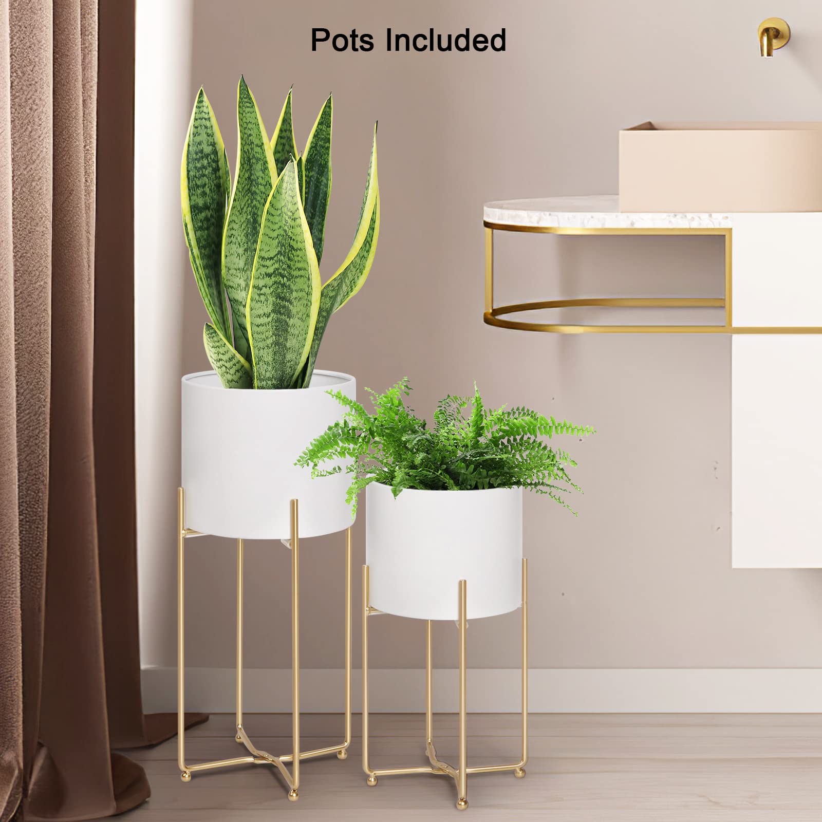 **Elegant White Metal Planters with Gold Stands - Set of 3 Large Indoor Flower Pots for Mid-Century Modern Decor (9/8/7 Inch) - Perfect for Living Room, Corner, Patio & Office Spaces**