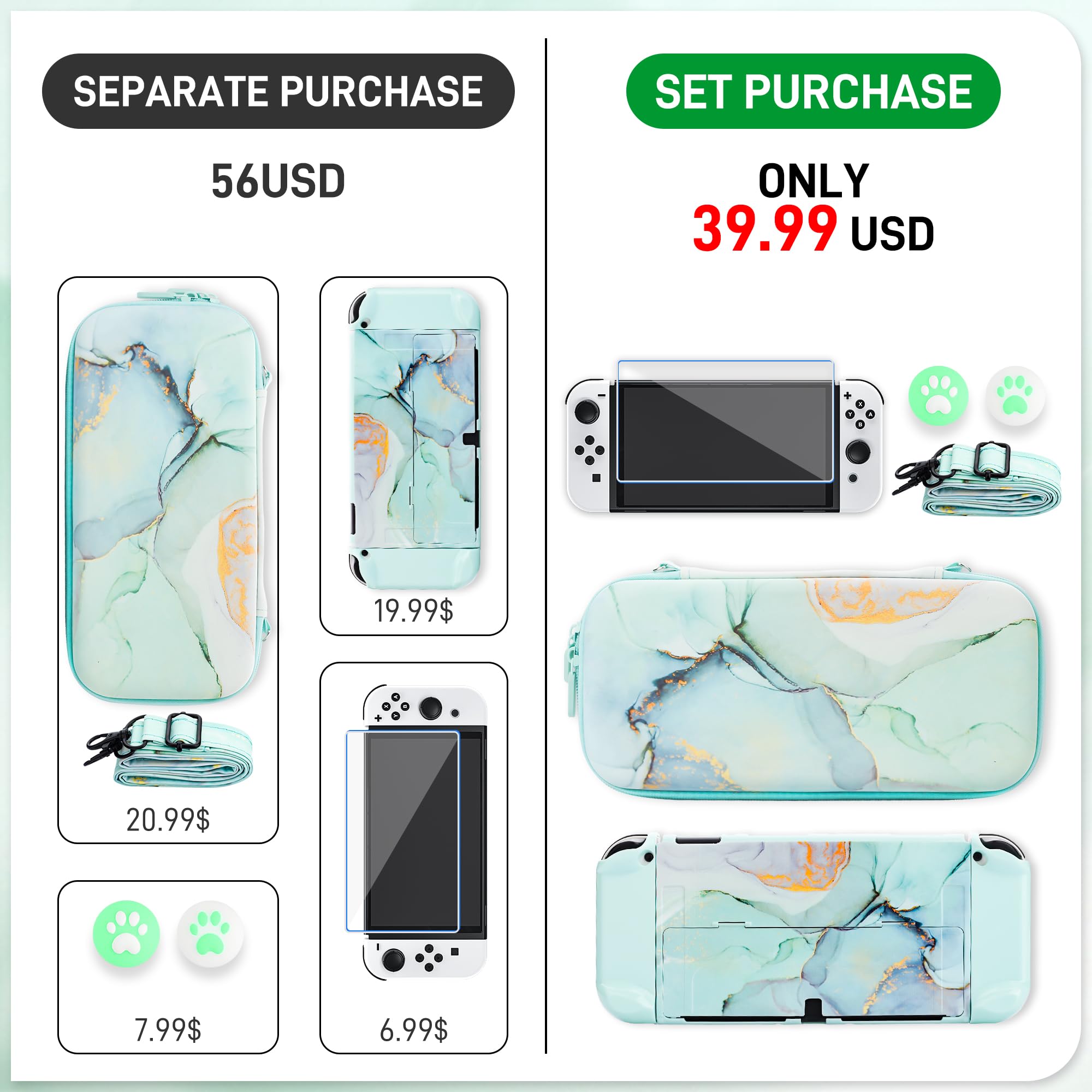 Premium Hard Shell Travel Case for Nintendo Switch OLED - Green Marble Protective Cover with Screen Protector, Adjustable Shoulder Strap & 2 Thumb Grips | Durable Portable Storage Solution for Gaming On-The-Go, Travel Protection & Home Organization